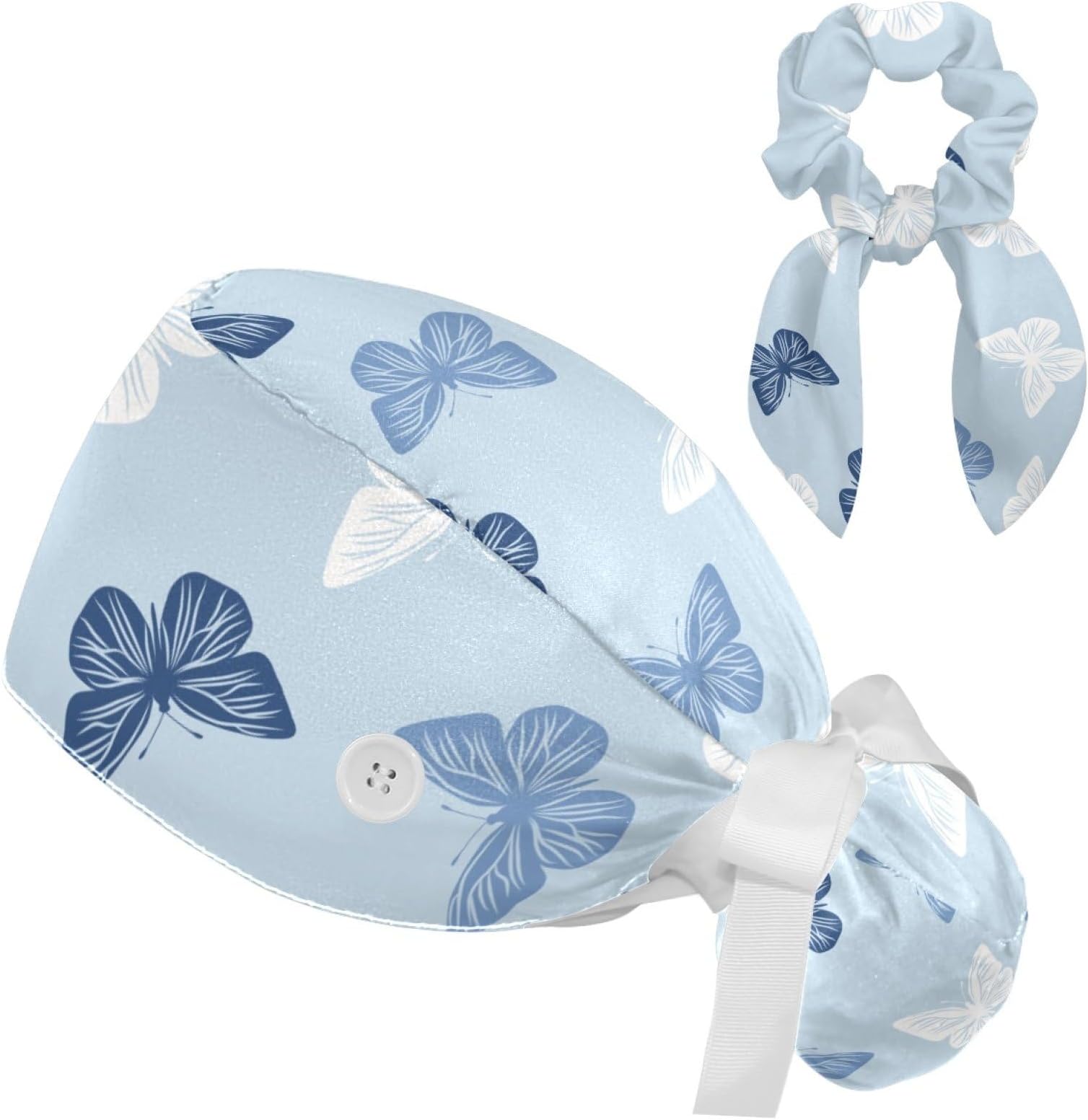 Women's Working Caps Bouffant Surgical Cap with Bow Scrunchies Little Daisy Art Paint Ponytail Holder Tie Back Scrub Hat