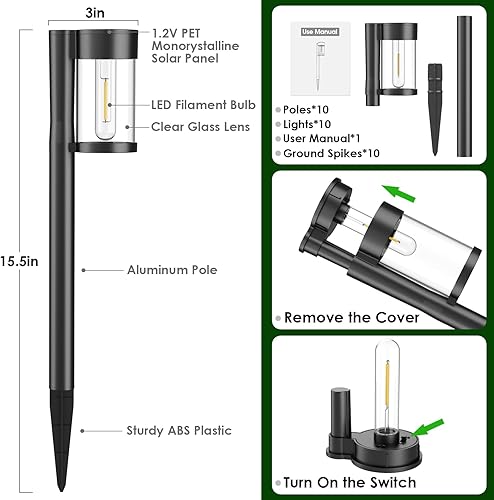 Miniatura 2 de Mancra Luces solares para exteriores, paquete de 10 luces solares de metal de vidrio para exteriores, impermeables, decoración de jardín para patio