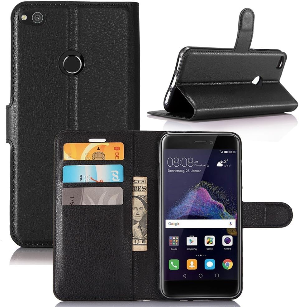 COMPATIBILE Compatible para Huawei P8 Lite (2017) Pra-LX1 / P9 Lite (2017) 5.2 Funda Cover Stand Libro Gel TPU Portafolio Imán Piel Imitación Porta Tarjetas Negro