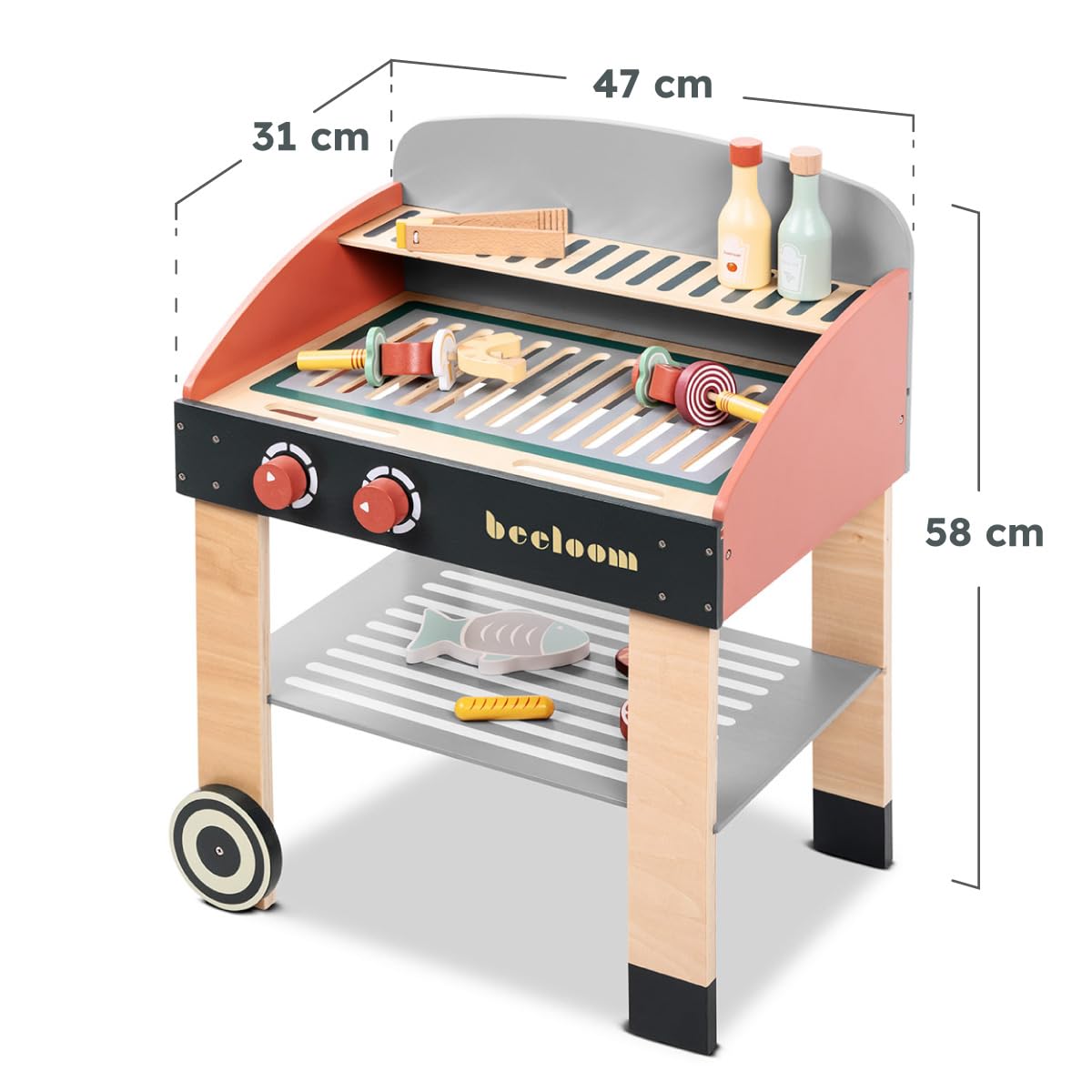 Beeloom Babycue - Cocinita Infantil De Madera Natural con Accesorios, Estilo Barbacoa, Juego De Imitación para Niños Desde 3 Años, Diseño Portátil Y Minimalista