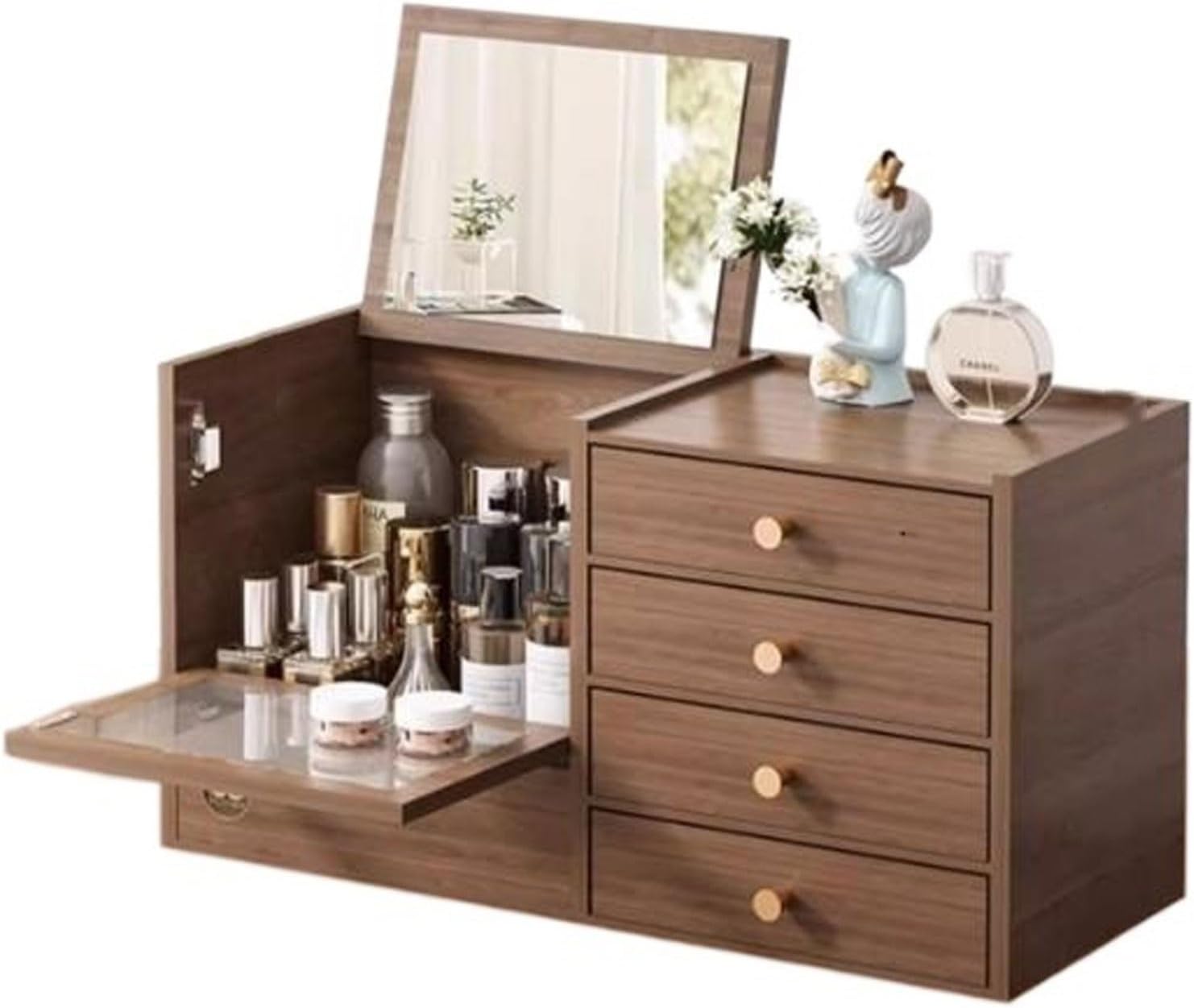 Wooden Makeup Organizer with 4 Drawers and Built-in Mirror - Solid Wood Storage Box for Makeup Accessories and Jewelry - Compact Dressing Table Organizer