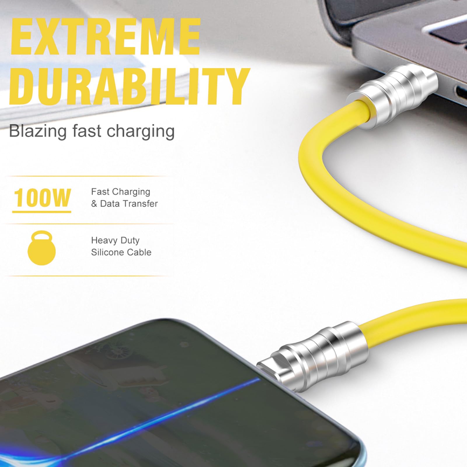 USB C auf USB C Silikonkabel, 2 Stück, 1,8 m, ultraflexibel und weich, USB Typ C 100 W, Schnellladekabel, Geek Industrial PD Datenübertragungskabel für Handys, Tablets, Laptops (gelb)