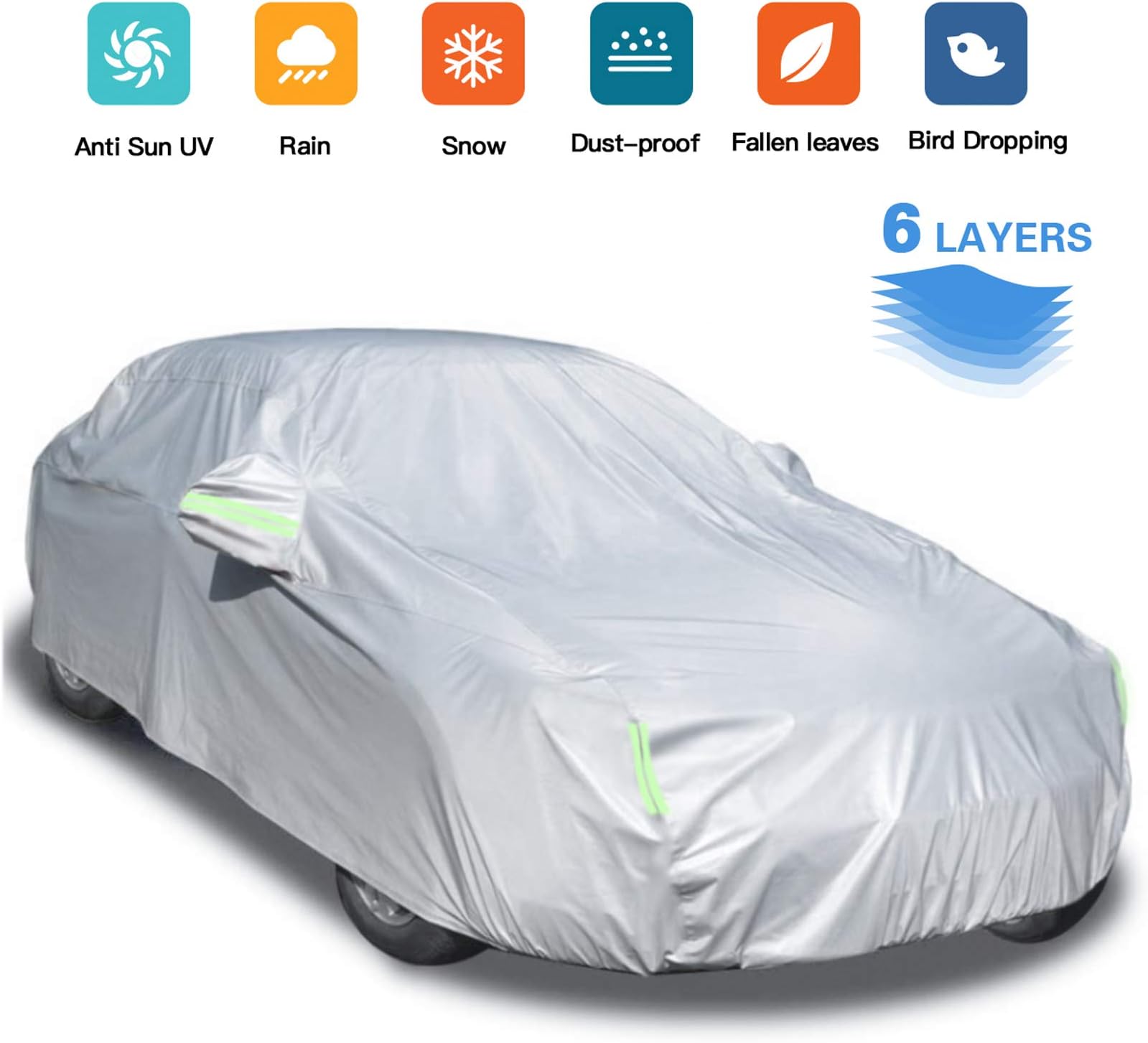 Car Cover 6 Layers Universal Protection from Sun Rain Windproof Dustproof Snow Leaves Scratch Resistant Full Exterior Cover(186"-192")