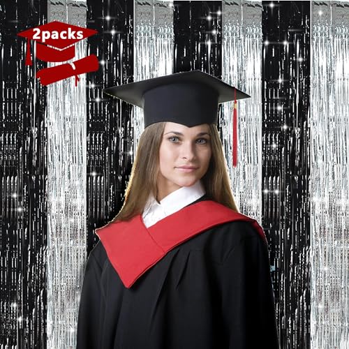 Image of TONIFUL Silver Black Door Streamers,Silver and Black Photo Booth Backdrop Metallic Streamers Foil Fringe Curtain for Birthday,New Year,Graduation,Grad,Bachelorette Party Streamers Decoration