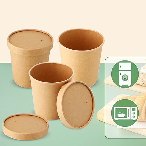 Miniatura 4 de meekoo 100 recipientes de papel de helado para sopa con tapas de 16 onzas, vasos desechables de papel kraft para alimentos, almacenamiento de