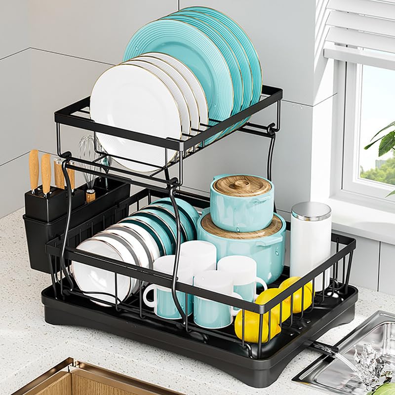 Dazzluxe Escurreplatos Desmontable De 2 Niveles con Escurridor Y Soporte para Utensilios, Escurridor Automático para Encimera De Cocina, Gran Capacidad para Platos, Tazones Y Tazas, Negro