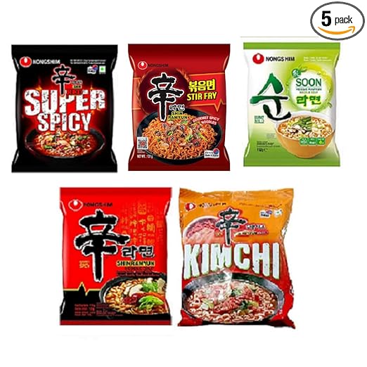 NOTTACIA Nongshim Shin Ramyun , Red Super Spicy ,Stir Fry, Kimchi & Veggie Instant Noodles 120 grams*5Pack (Pack of 5) (Imported)