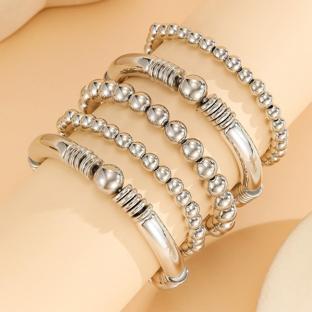 Dainty Gold Stack Stretch Bracelets Set for Women 5Pcs Silver Elastic Round Balls Beaded Bangles Vintage Tube Bracelet Stackable Hand Jewelry Set - Image 5