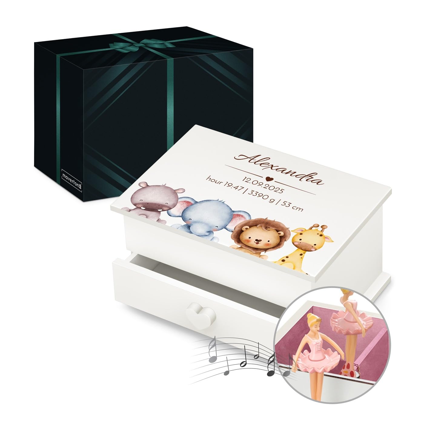 Maverton Girls Animals Personalised Ballerina Box For Little Princess - Treasure Box With Drawer For - Wooden Jewellery Box With Overprint - Customised White Organiser For Birthday For Her