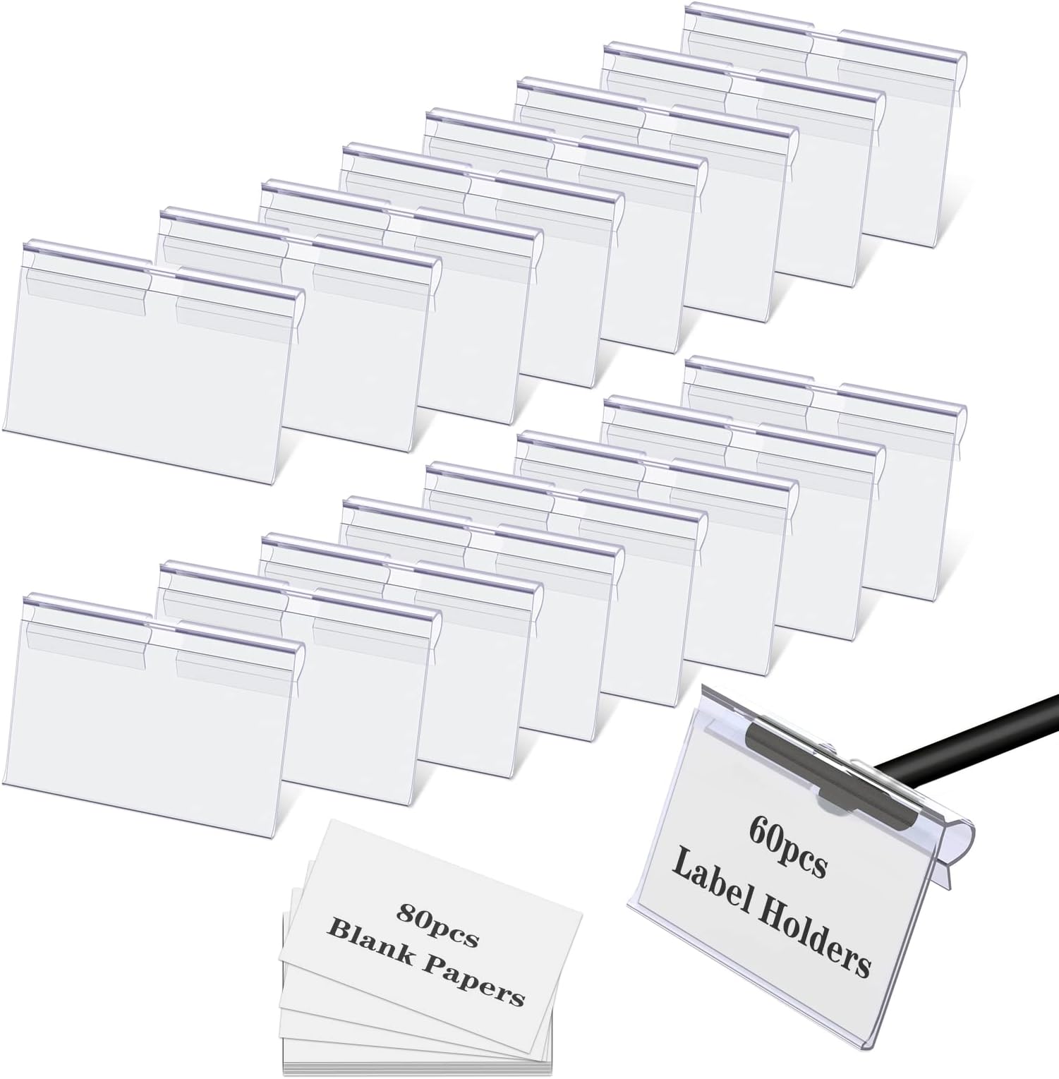 Storage Bin Labels Clip On,60PCS Clear Plastic Bin Labels Clips,Extra 80 Label Papers Included,Perfect for Wire Shelf,Baskets,Fabric Storage Cubes,Storage Closet,Cloth Bins,Food Pantry (6X4.2CM)