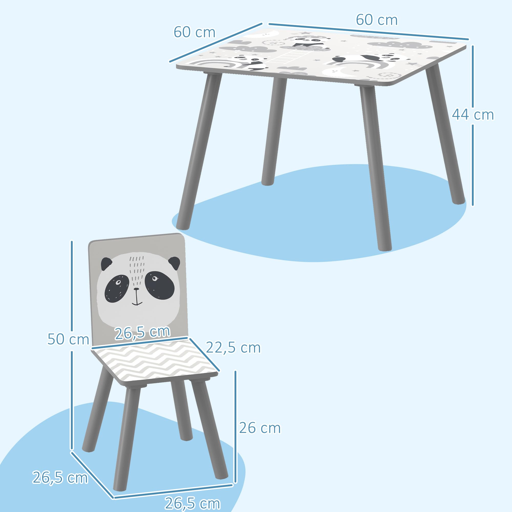 ZONEKIZ Table et 2 chaises pour Enfants 3-8 Ans Ensemble 3 pièces Motif Animaux pour Chambre à Coucher Salle de Jeux Pieds en Bois Massif Gris