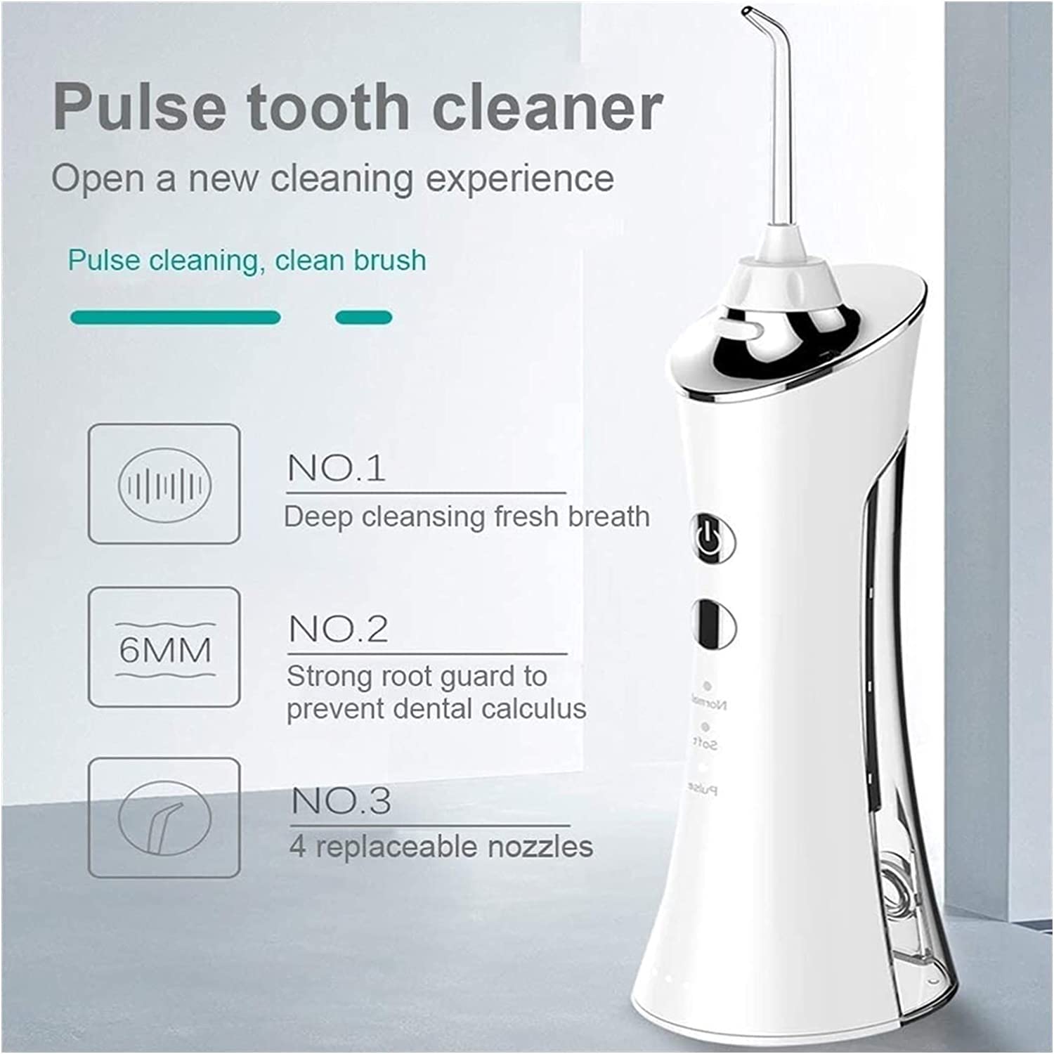 Idropulsore 3 modalità, Irrigatore Orale Dentale Senza Fili da 150 ml, 3 modalità e 5 Punte a Getto, IPX7 Impermeabile, detergente for Denti Impermeabile Ricaricabile for casa e Viaggi