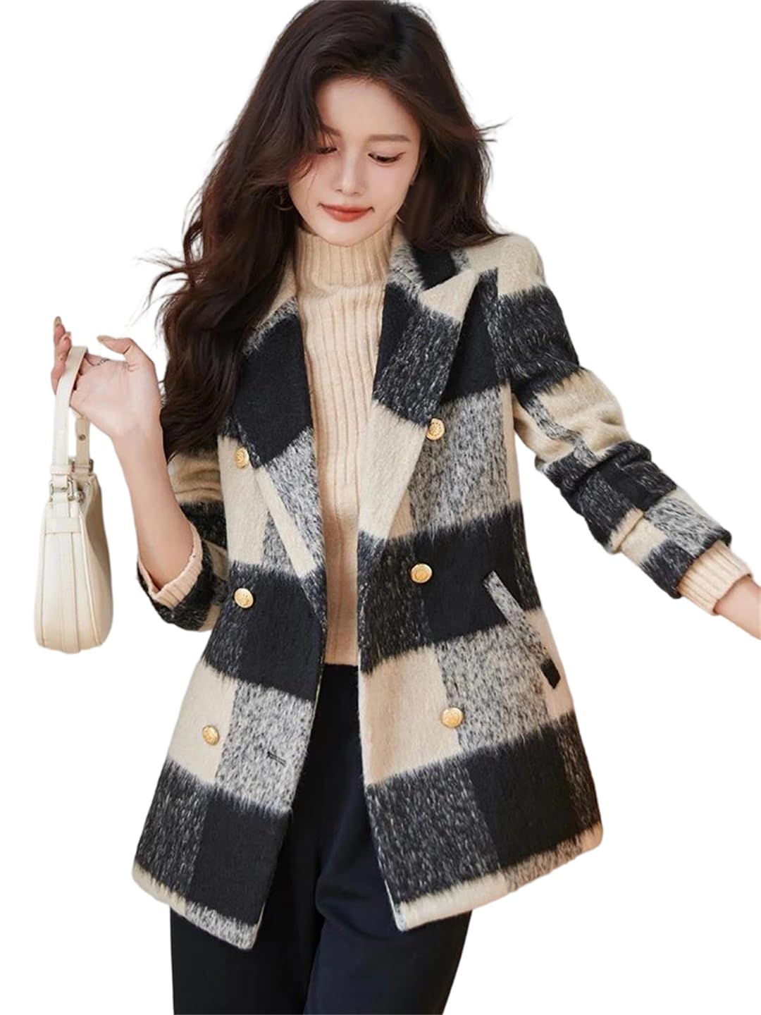 Pulcykp Women Plaid Blazer Double Breasted Long Sleeve Notched Lapel Jacket for Party Casual Streetwear