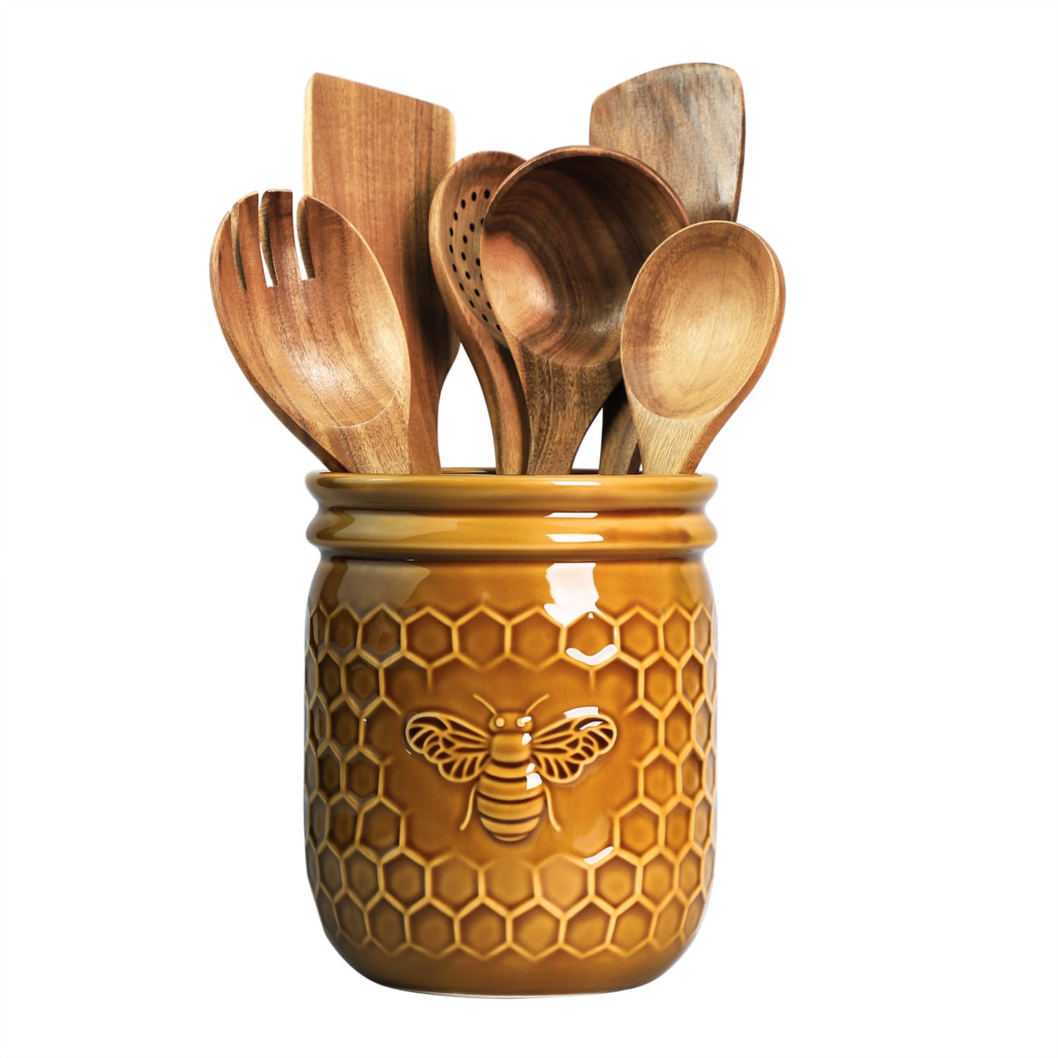 Bicuzat Retro Honeycomb and Bee Embossed Ceramic Kitchen Utensil Holder, Large Cooking Utensil Crocks for Kitchen Countertop, Ceramic Utensil Organizer for Spatula, Kitchen, Home Decoration