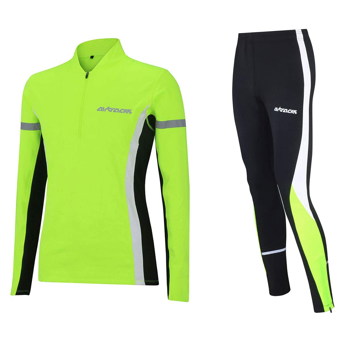 Airtracks Herren Winter Funtions Laufset - Funktions Thermo Laufhose Lang + Thermo Laufshirt Langarm - Warm - Atmungsaktiv - Reflektoren