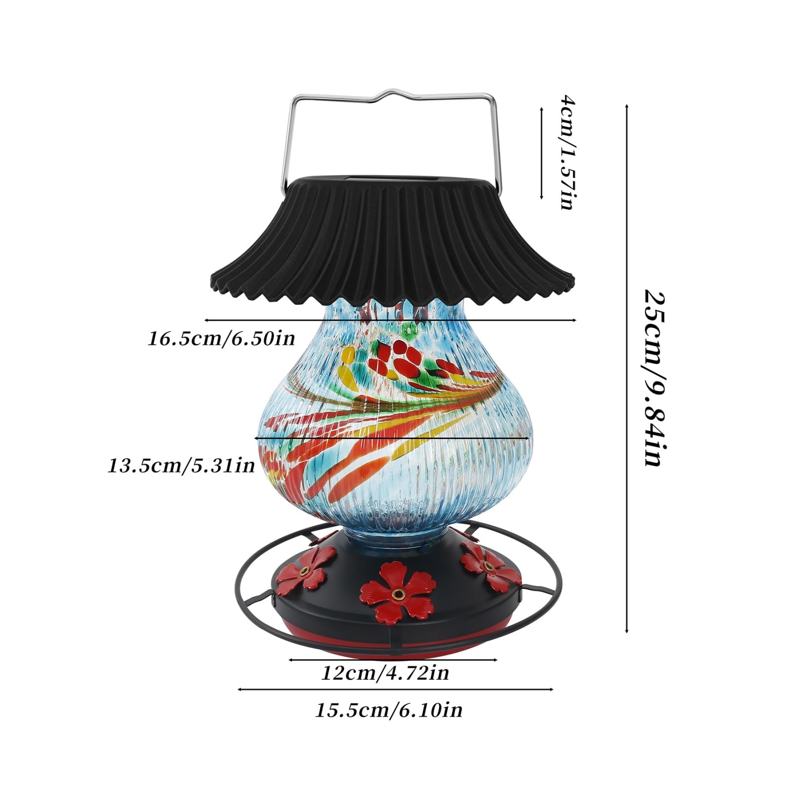 Solar-Kolibri-Futterspender aus Glas für den Außenbereich, 5 Futteröffnungen mit Sitzstange, auslaufsicher, perfekter mundgeblasener Glasfarbwechsel zum Aufhängen im Freien, Blau