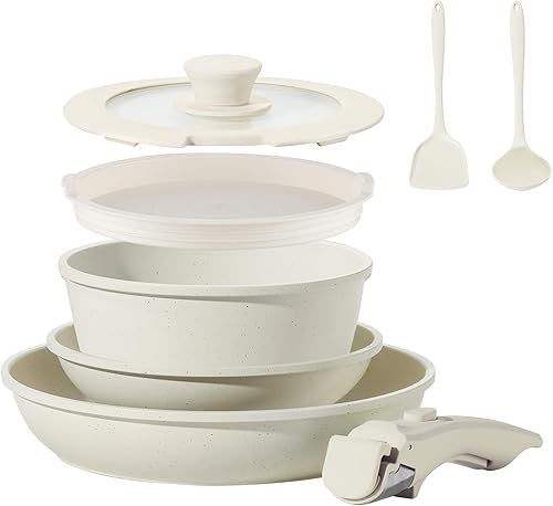 Miniatura 9 de Juego de 8 ollas y sartenes de cerámica, juego de utensilios de cocina antiadherentes, utensilios de cocina de mango desmontable, juego de cocina de