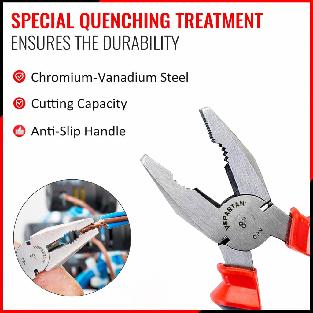 Spartan Combination Plier 8-inch for Home & Professional work Use as Electrical Work, Bending, Holding, Cutting & Pulling, etc | Hand Tool | Heavy Duty Cutting Pliers (Red & Black) 3