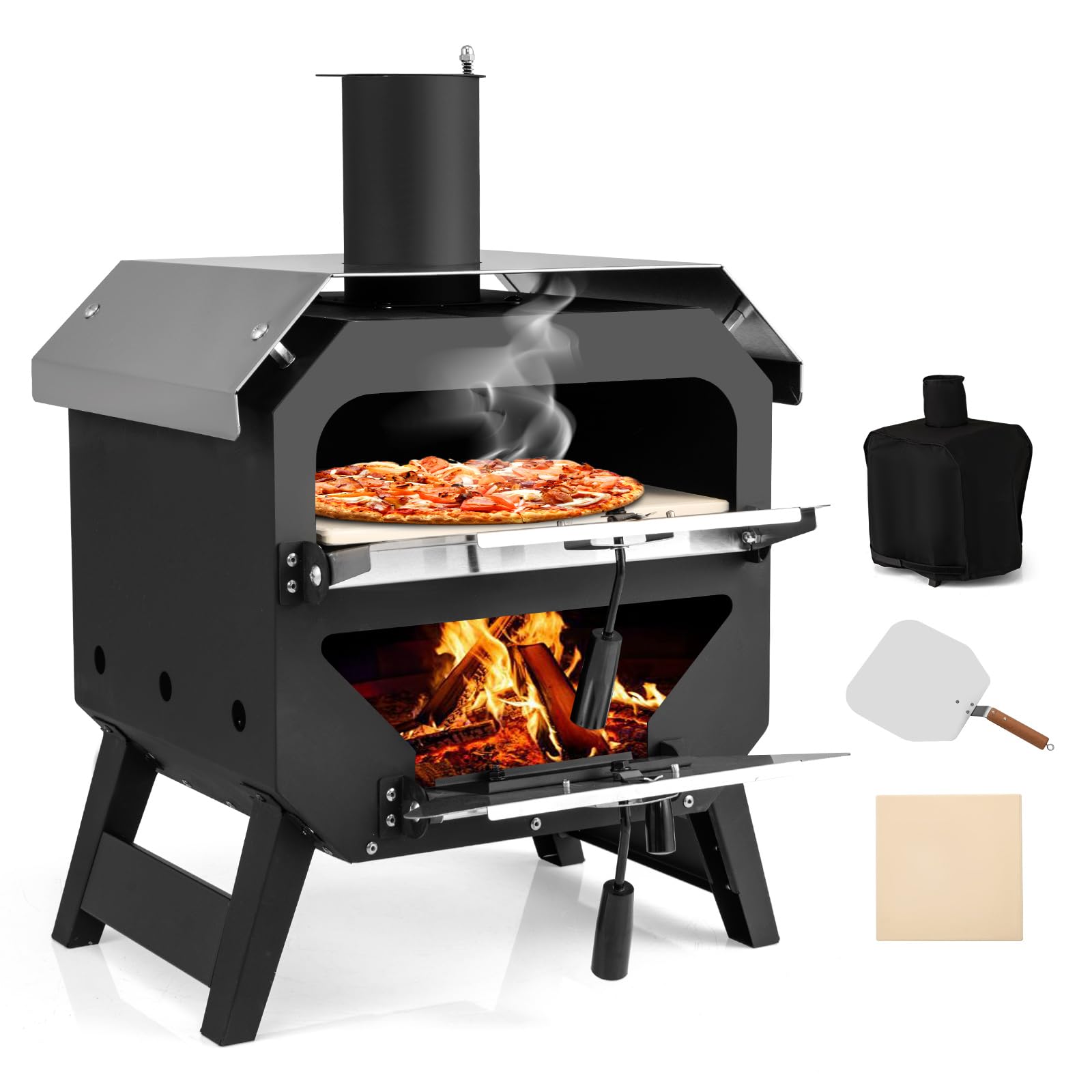 Four à Pizza d'Extérieur en Acier Inoxydable avec Pierre à Pizza, Gril en Bois Portable, Housse de Protection, Noir