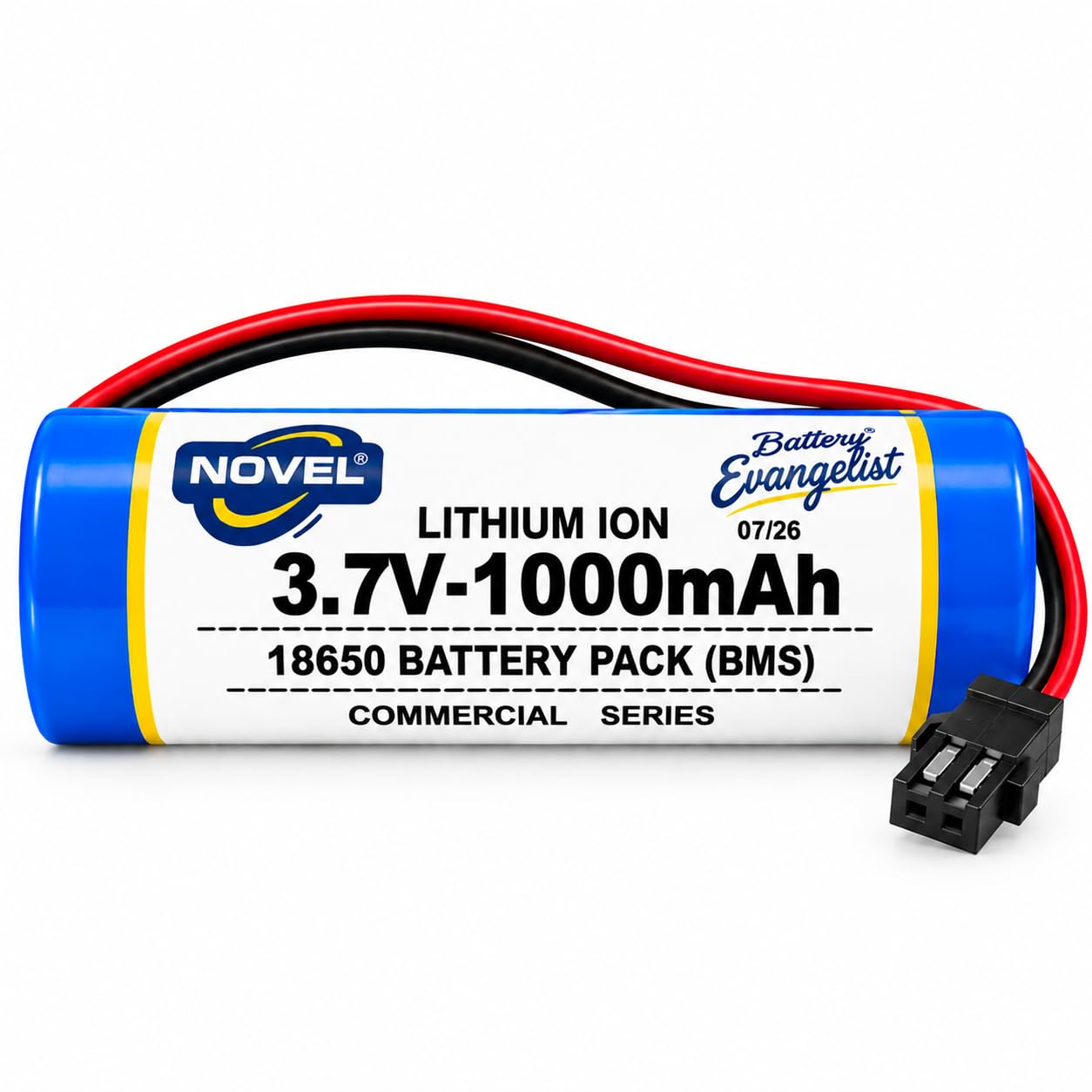 novel 3.7v 18650 lithium-ion rechargeable battery pack with bms & charging cable, 2-pin connector | 500mah to 3000mah capacity variants. (1800, milliamp hours)