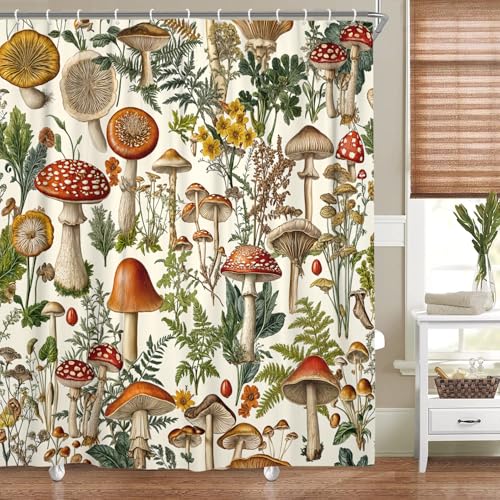 Vintage Boho Mushroom Cottagecore Shower Curtain Botanical Floral Nature Magical Plant Farmhouse Bathroom Accessory Beige 70X70IN