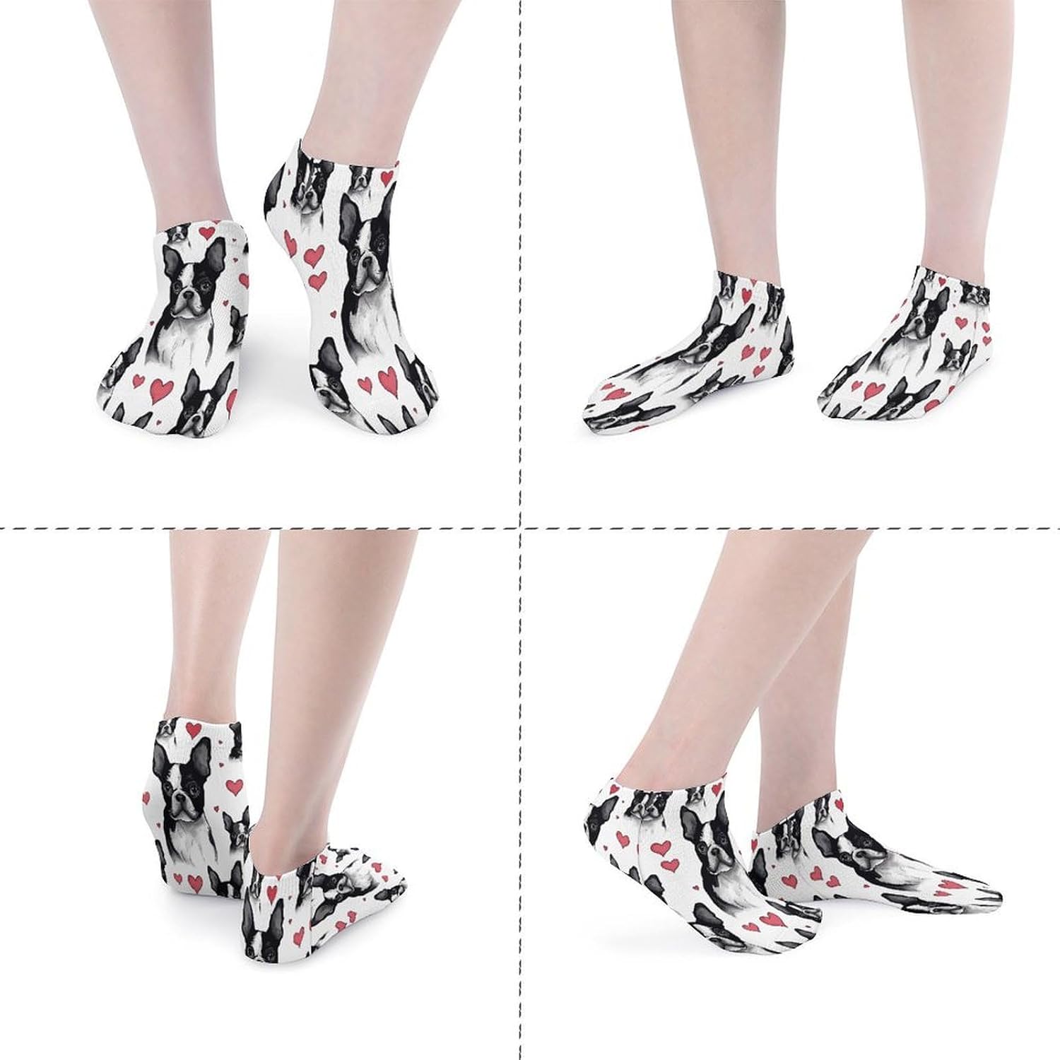 Boston Terrier Red Heart Dog Ankle Socks for Men Women 5 Pairs | Comfortable Casual Low Cut Socks, Lightweight No Show Breathable Athletic Socks, Soft Mini Crew Socks for All Seasons