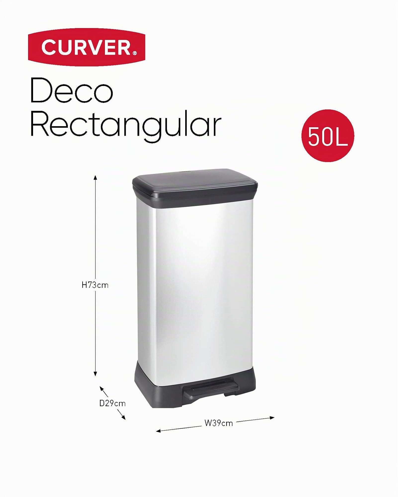 Curver - Cubo de basura con pedal 50L, acabado color acero, tapa y aro para bolsa