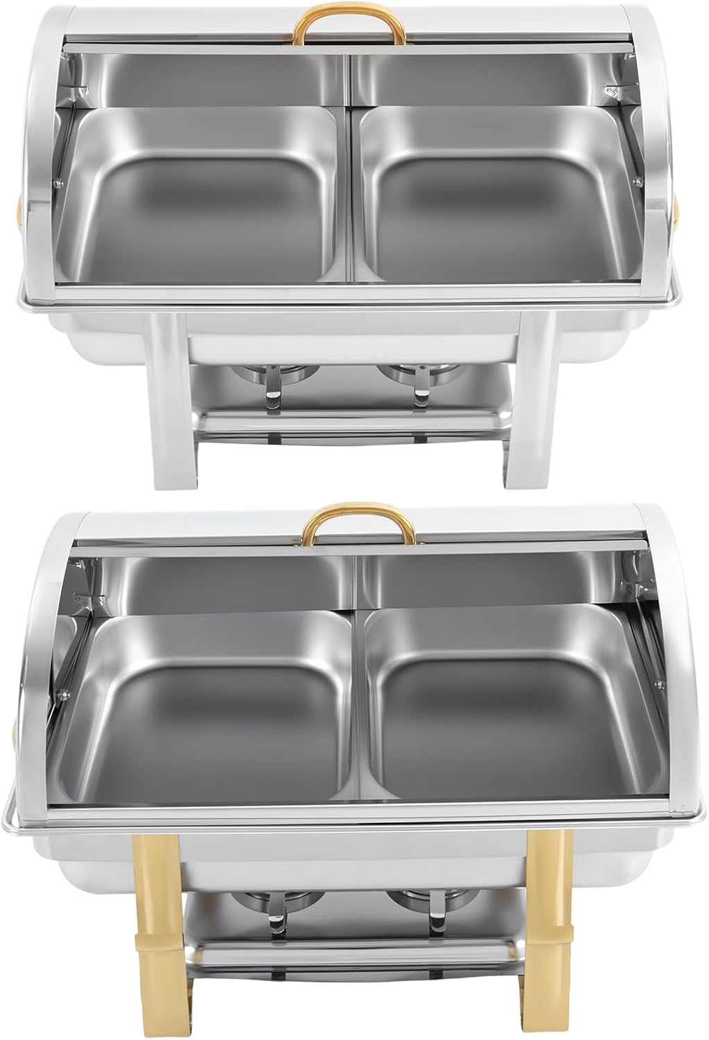Flip-Lid Square Chafing Dish Buffet Set 2-Grid, Stainless Steel Double Food Warmer Tray for Party Dining, Catering Server Utensil Kit, Stackable Chafer with Glass Lid View Window