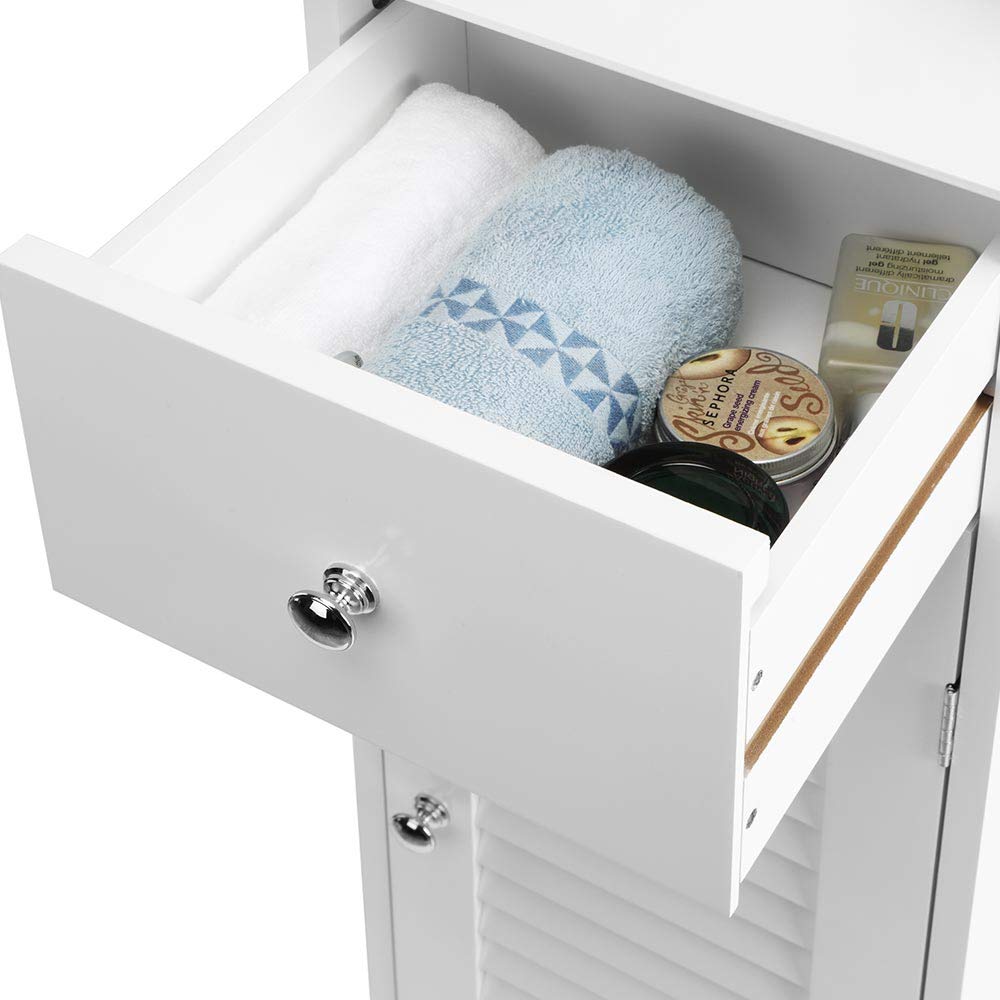 BAKAJI Mobile a Colonna per Bagno con Anta Cassetto e 2 Ripiani Interni Mobiletto Armadietto in Legno MDF Colore Bianco Dimensione 32 x 30 x 87 cm