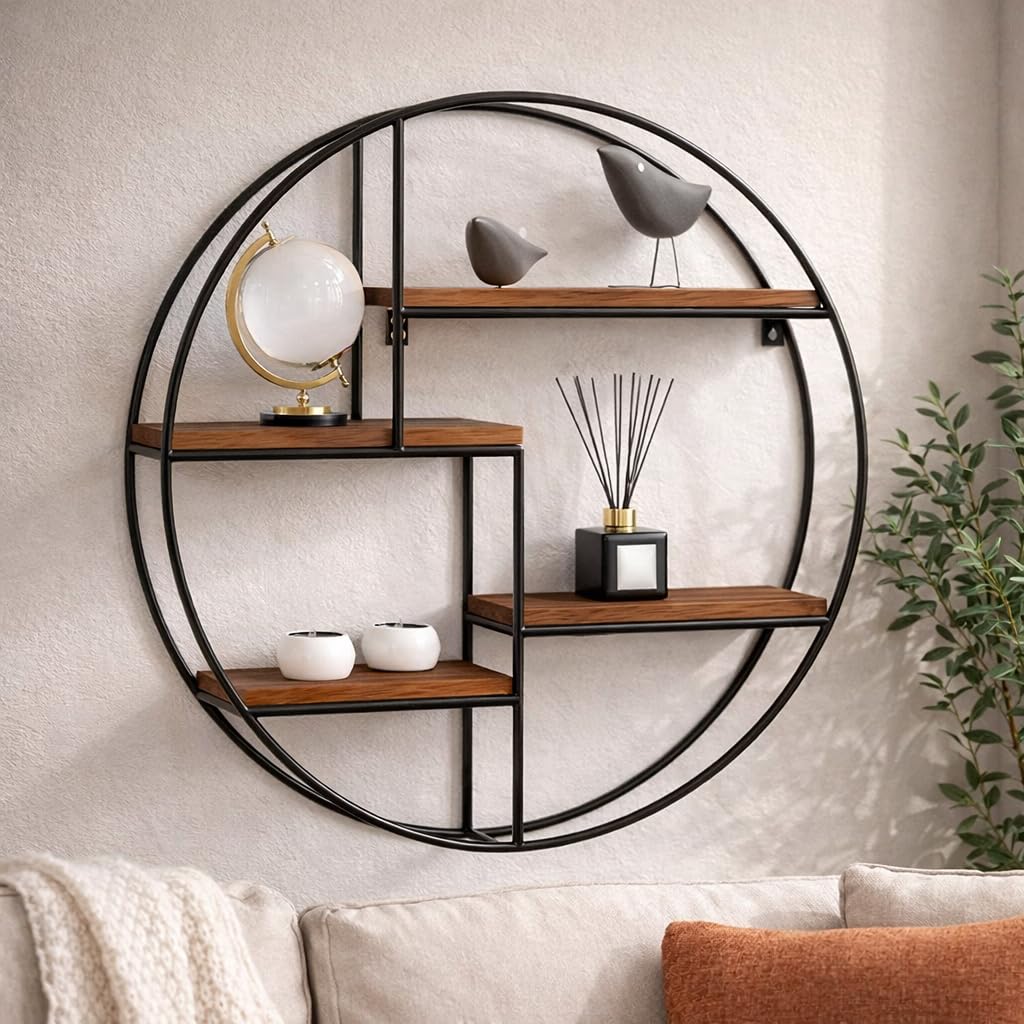 Modern Round Wall Shelf Metal Frame with Wooden Shelves | Decorative Wall Mounted Storage Organizer for Living Room, Bedroom & Home Décor