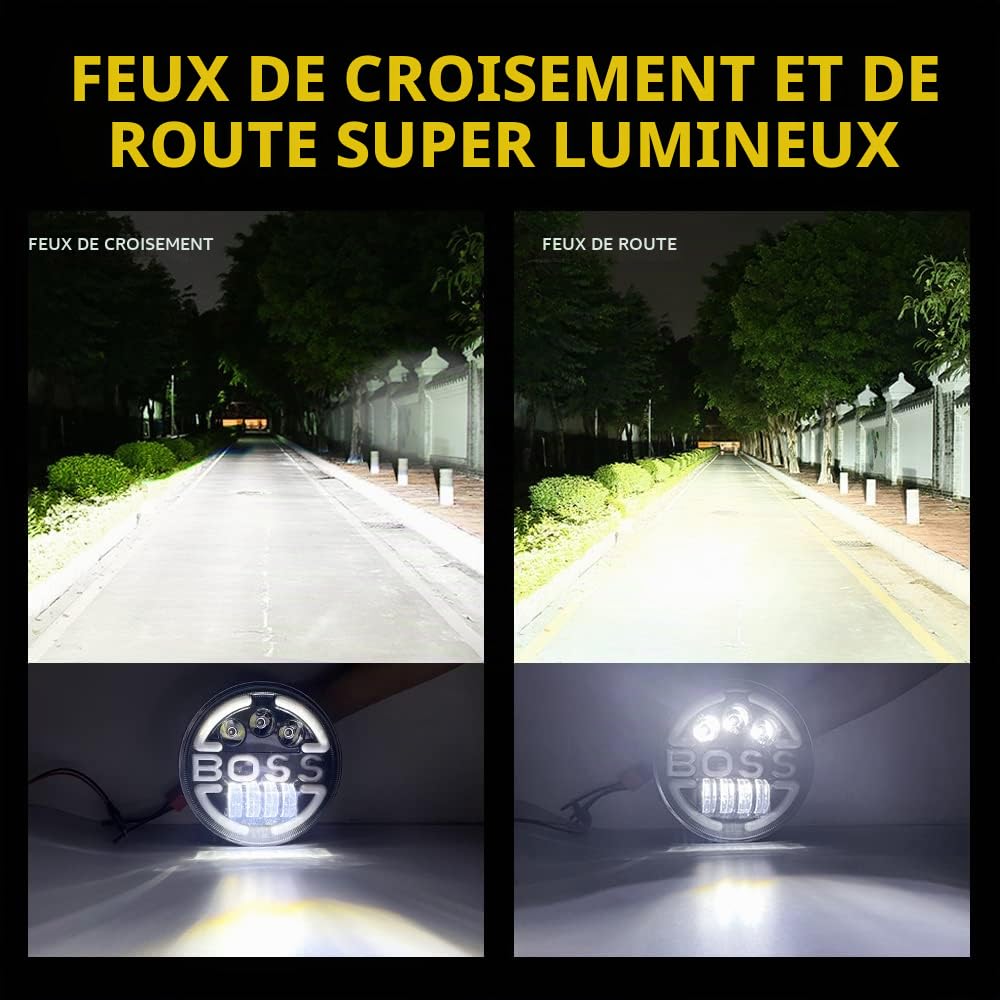 Lot de 2 7 Pouces LED Phare, 150W 10000LM 4 Modes Eclairages Halo DRL ámbar feu de virage Vitesse de la lumière haute et basse H6024 pour Wrangler LJ TJ CJ JK Hummer H1 H2 Land Rover Defender