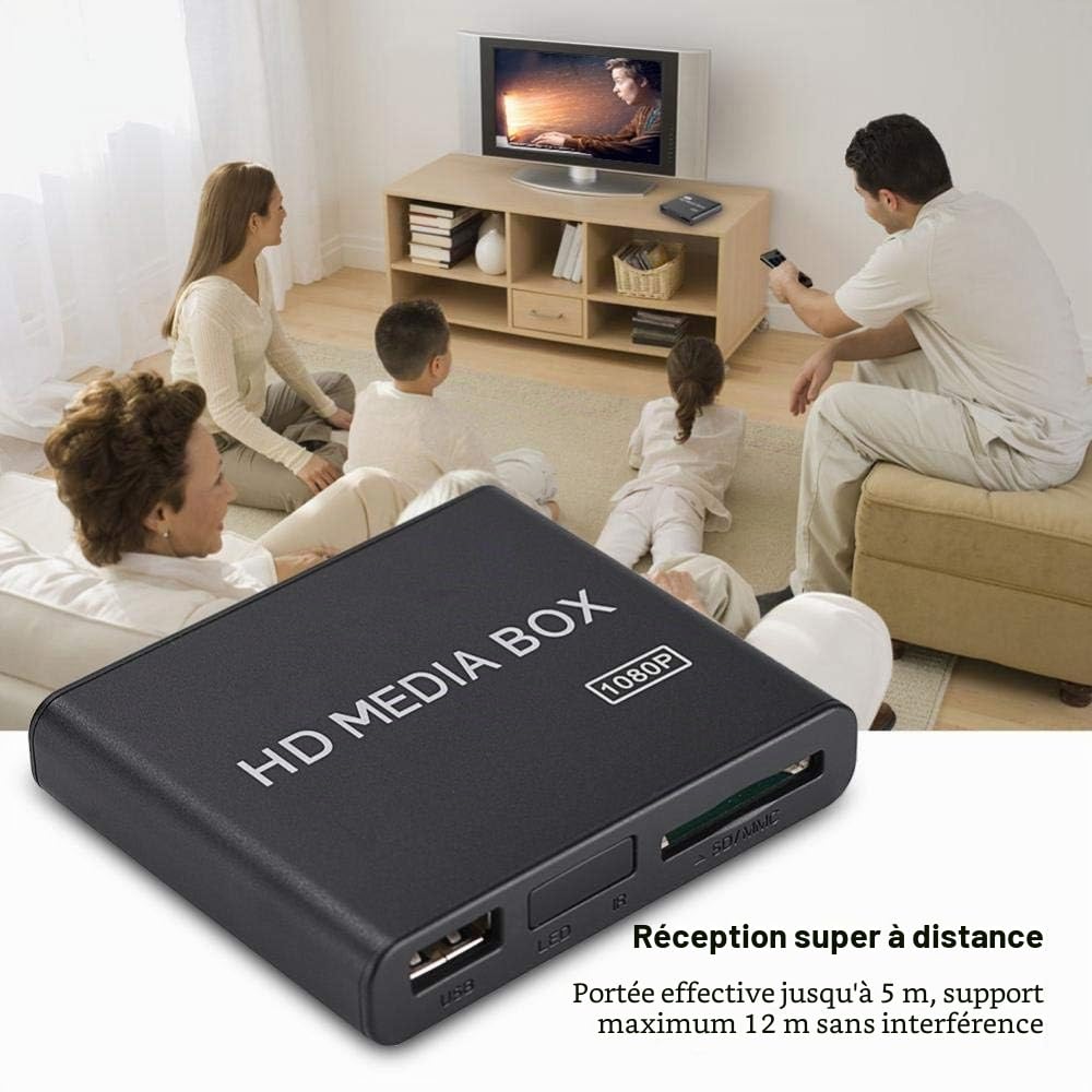 Mugast Mini Media Player Box, Lecteur Multimédia Vidéo Full HD 1080P avec Télécommande, Supporte Le Disque Dur Portable USB MMC RMVB MP3 AVI MKV(EU)