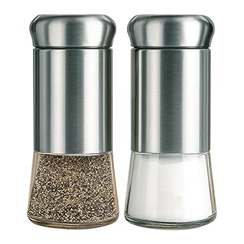 PERMAFROST Salt Shaker for Professional Chef Best Spice Mill Stainless Steel Salt and Pepper Shaker, Moisture-Proof Spice Dispenser, Seasoning Condiment Set with Glass Bottom (Pack of 2) (Silver)