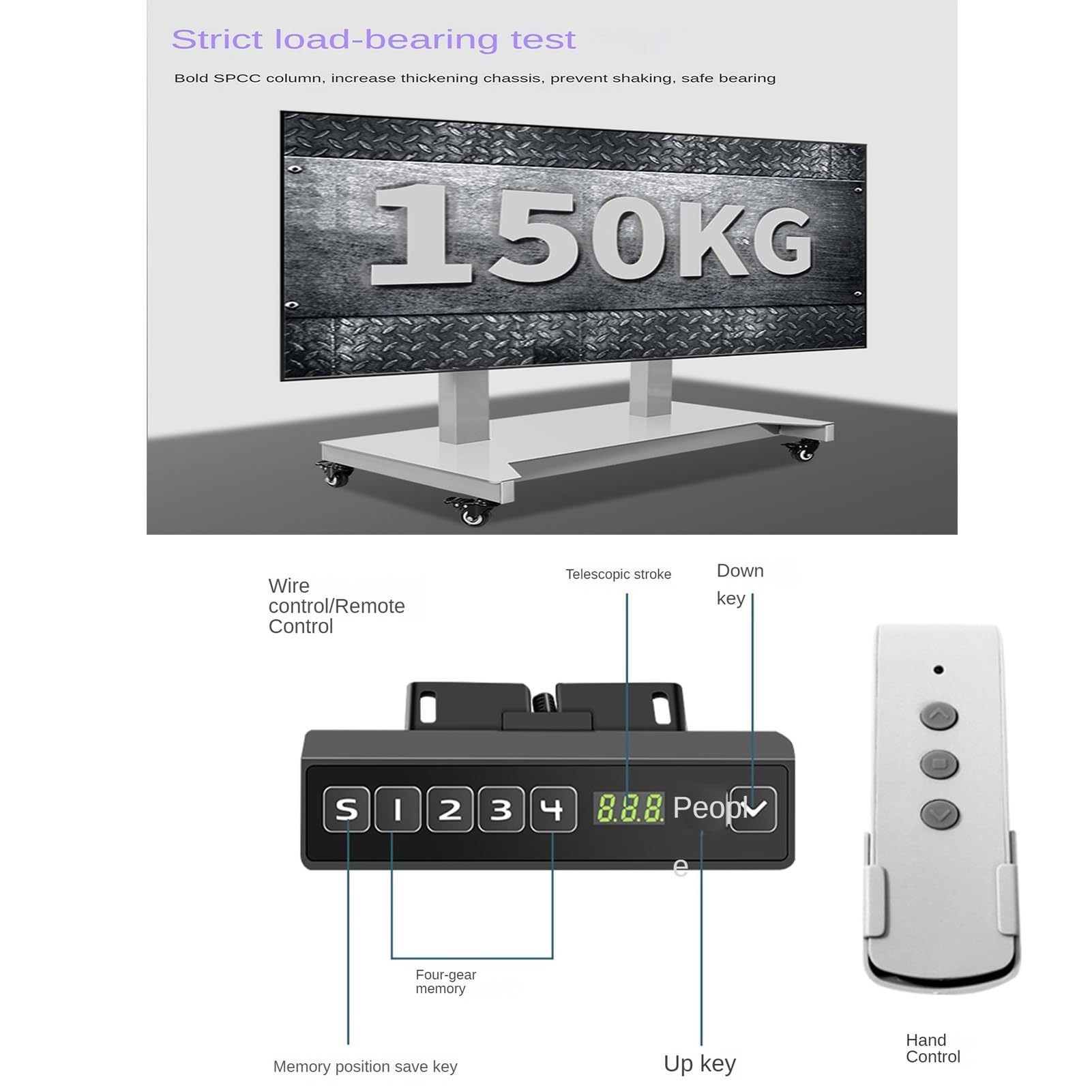 Soporte móvil para TV con Altura Ajustable, Carrito móvil Mesa con Ruedas para TV - Soporte motorizado para TV - Elevador motorizado para TV, función Memoria Altura 4 Niveles, Elevador motorizado p