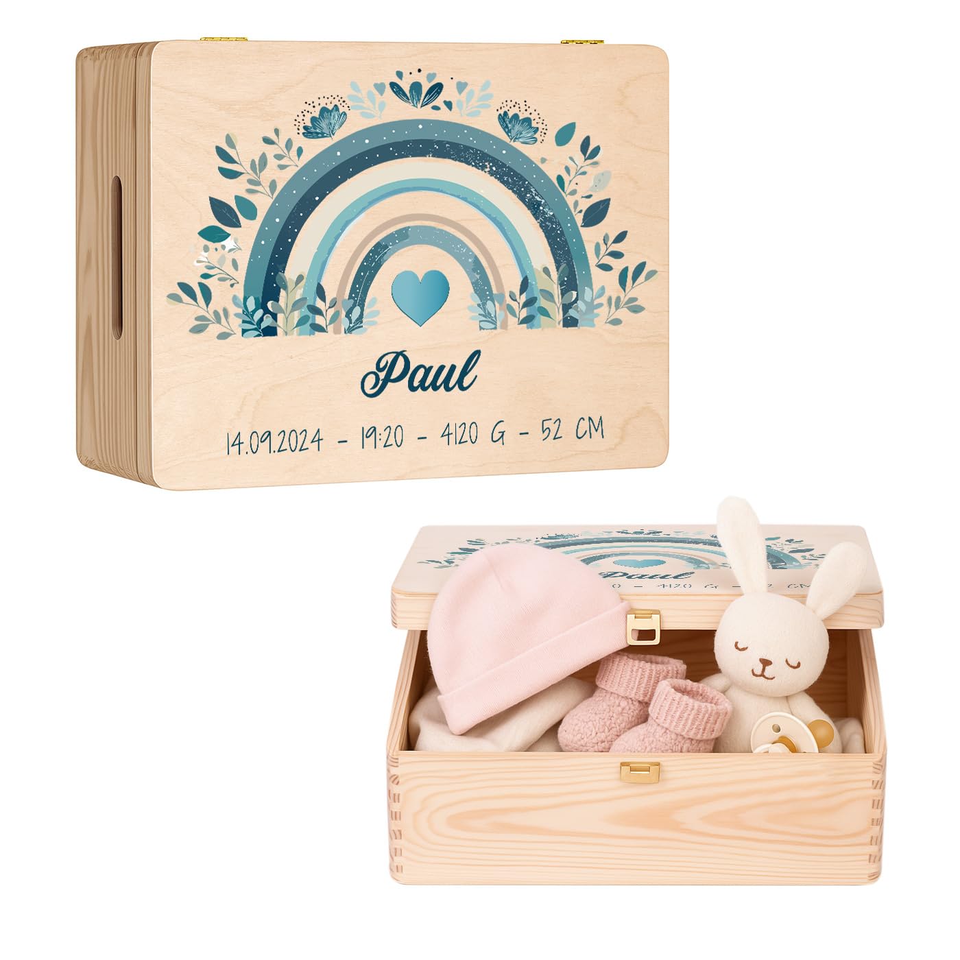 Maverton Erinnerungsbox Baby mit Namen - Aufbewahrungsbox mit Deckel - personalisierte Geschenke Baby - Geschenk für Mädchen und Jungen zur Geburt zur Taufe - aus Kiefernholz