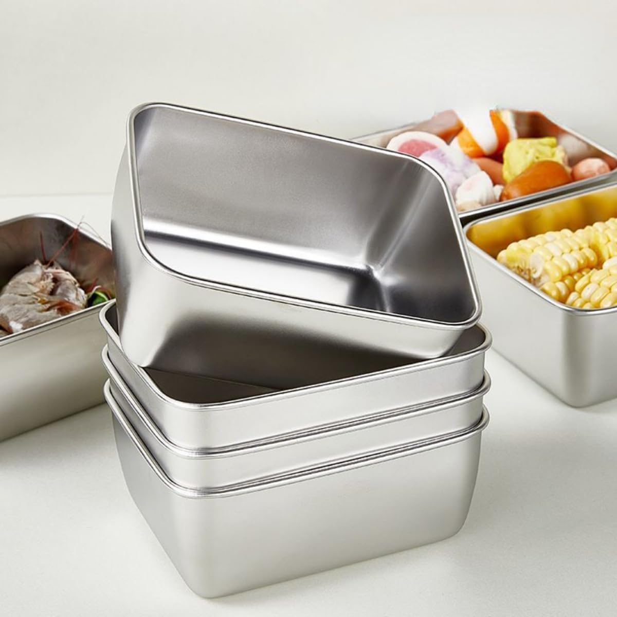 Crisper Boxes with Lid, Portable Food Container, Fridge Storage Bins, Stainless Steel Baking Pan, Vegetable Fruit Sushi Containers, Large Lunch Sealed Bowl for home office school & picnic (4Pcs-Small)