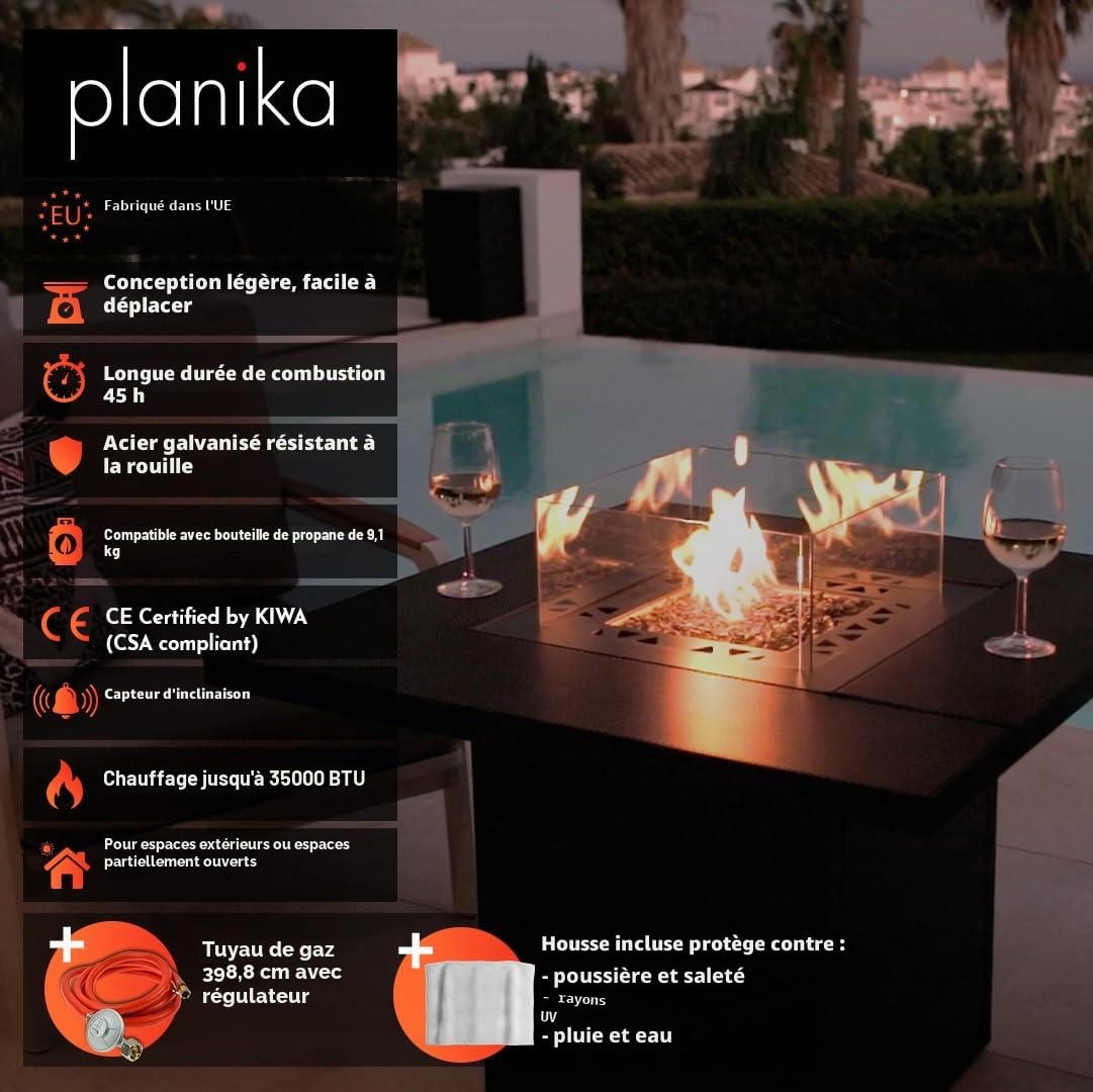 Planika Square Brasero de Table avec Hosse de Protection - Cheminée de Jardin - Chauffage d'Appoint Gaz - Foyer Décoratif - Forme Carré - Plateau de Table Carré - Noir