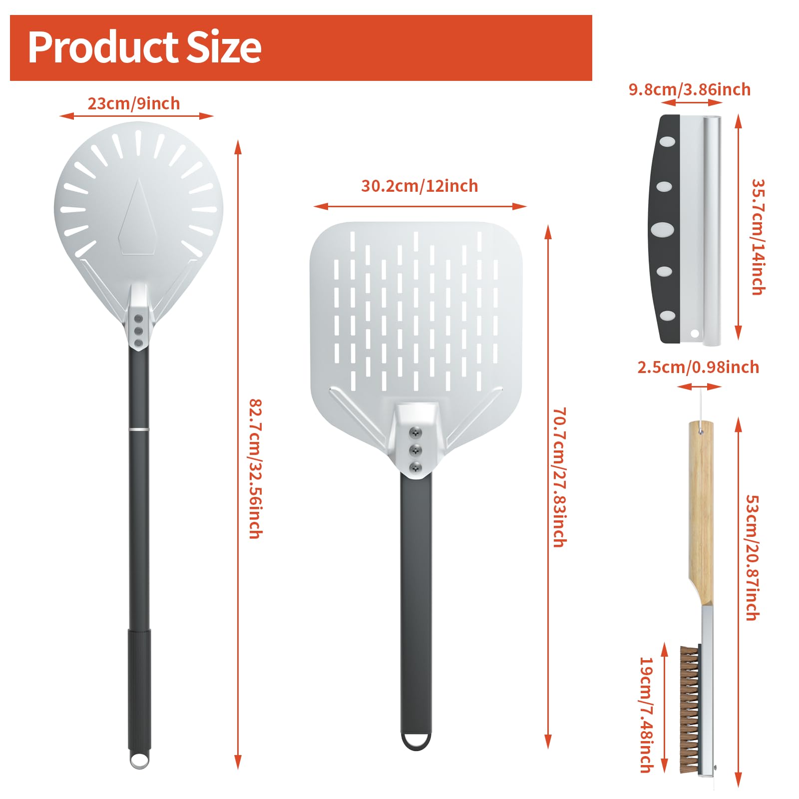 Lot de 4 accessoires de four à pizza perforés de 30,5 cm, pelle à pizza de 22,9 cm avec long manche antidérapant, pelle à pizza avec roulette à pizza et brosse de four, pour pain, tarte