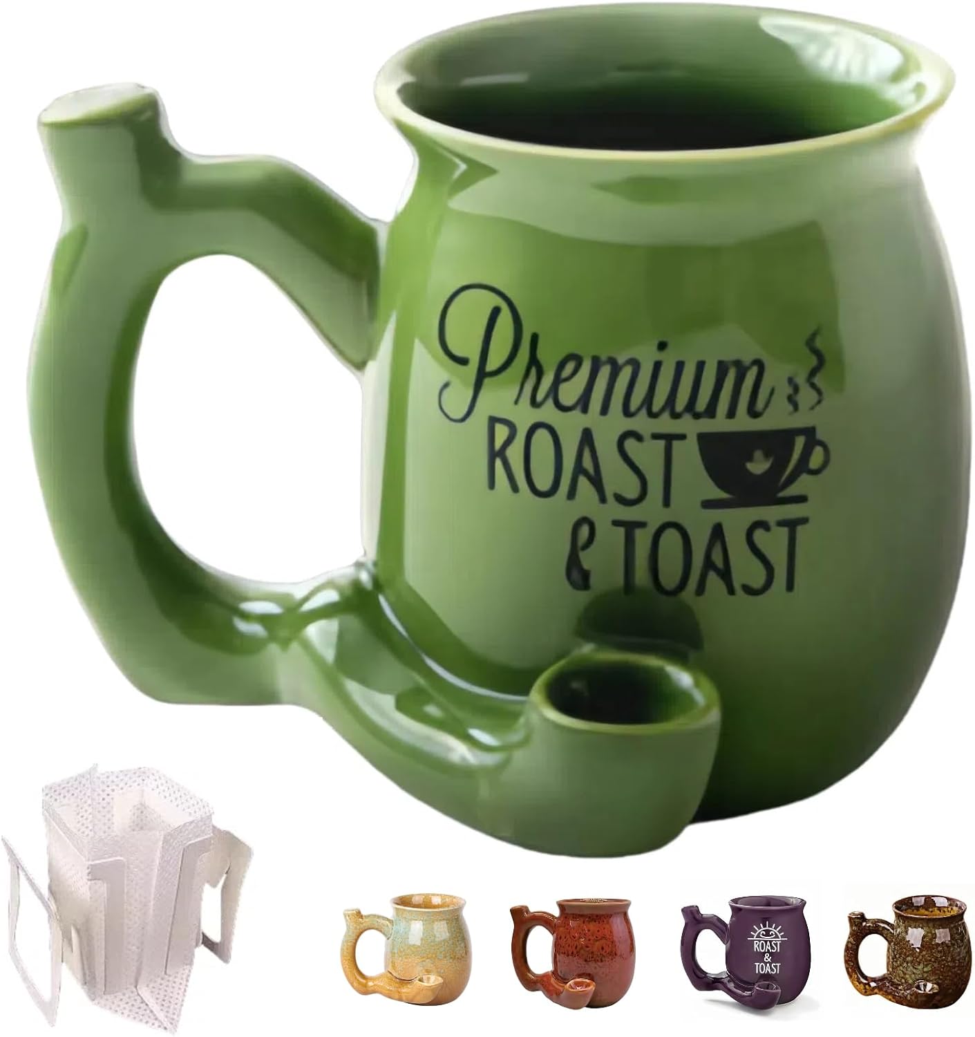 Coffee Mug, Novelty Glazed Ceramic Coffee Pot Shaped Cup with Ergonomic Handle Dishwasher Microwave Safe Valentine's Day Fathers Day Halloween Gifts for Coffee Lovers(with Filters) (Green-1)