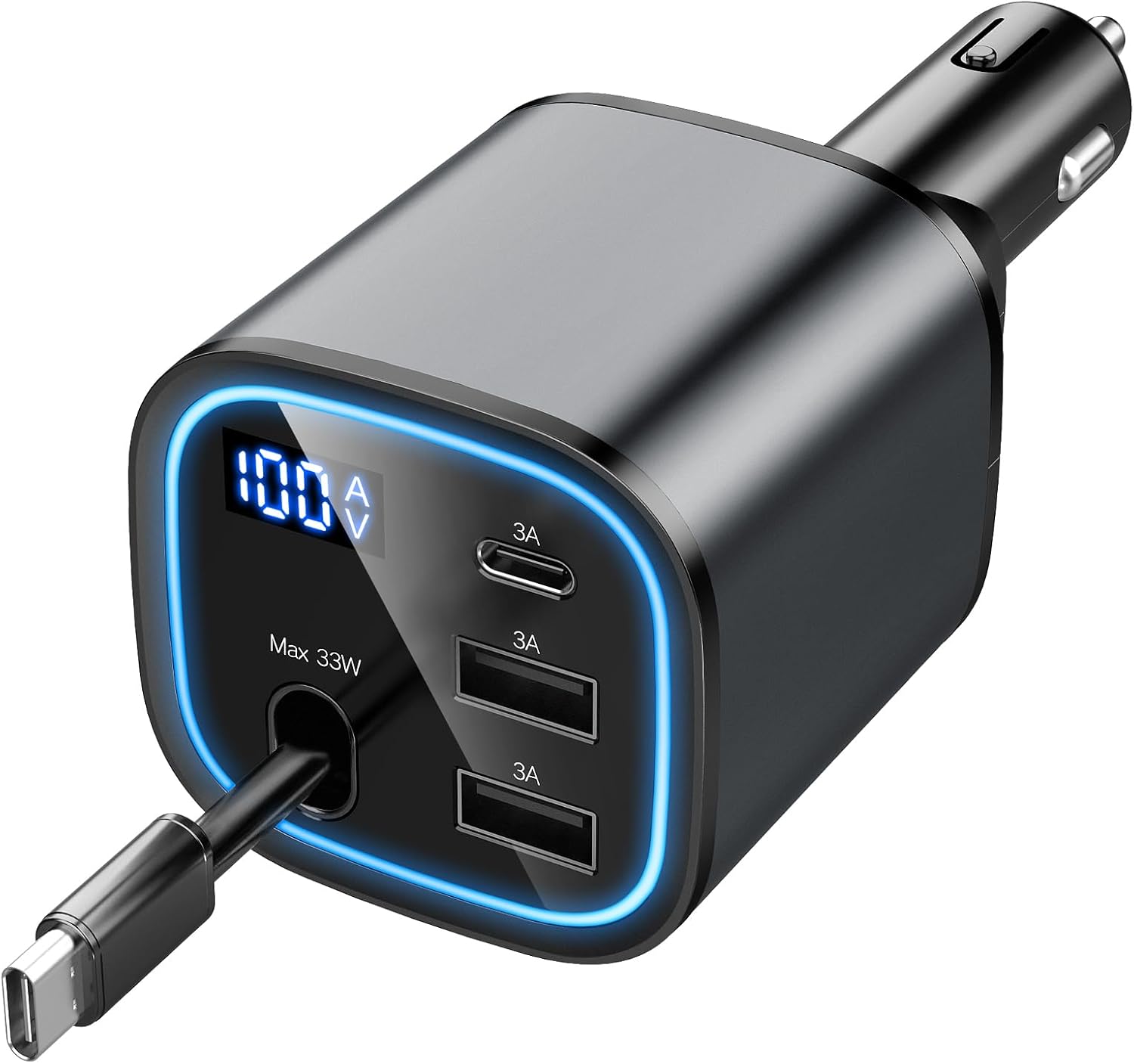 USB C Car Charger Fast Charging 78W, 4 in 1 Retractable Car Charger with RGB Light for iPhone Android, Cigarette Lighter Adapter (Deep Grey)