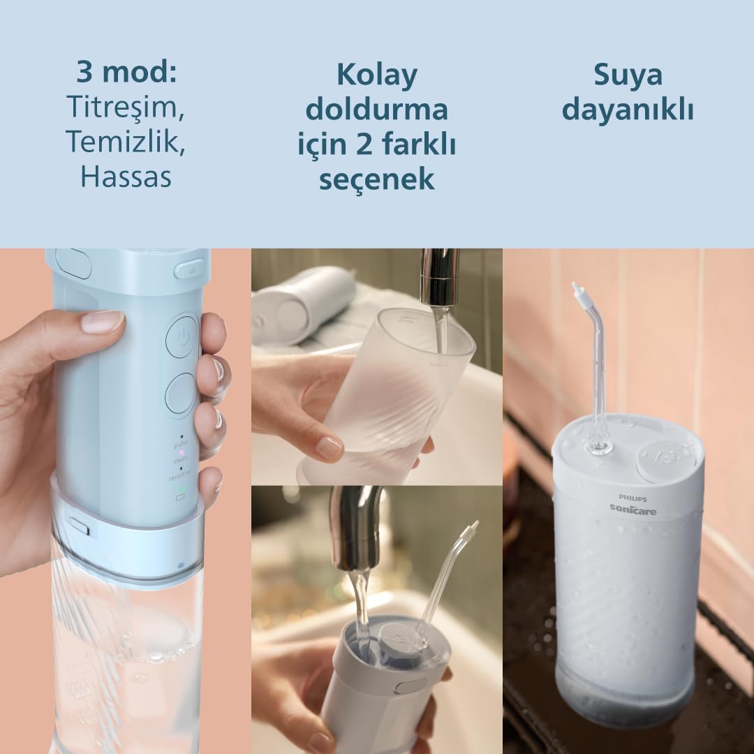 Philips Sonicare Kompaktowy irygator 1000, przenośny irygator wodny z 3 trybami nitkowania, wodoodporny irygator do jamy ustnej IPX7, przyjazny w podróży, niebieski, model HX3333/24