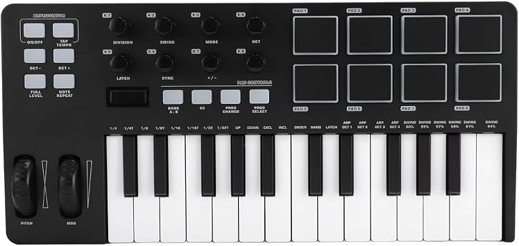 Yunseity 25 Key USB MIDI Keyboard Controller, Portable Lightweight Music Production Keyboard with 8 Backlit Drum Pads, 8 Knobs, Arpeggiator, Software, for PC