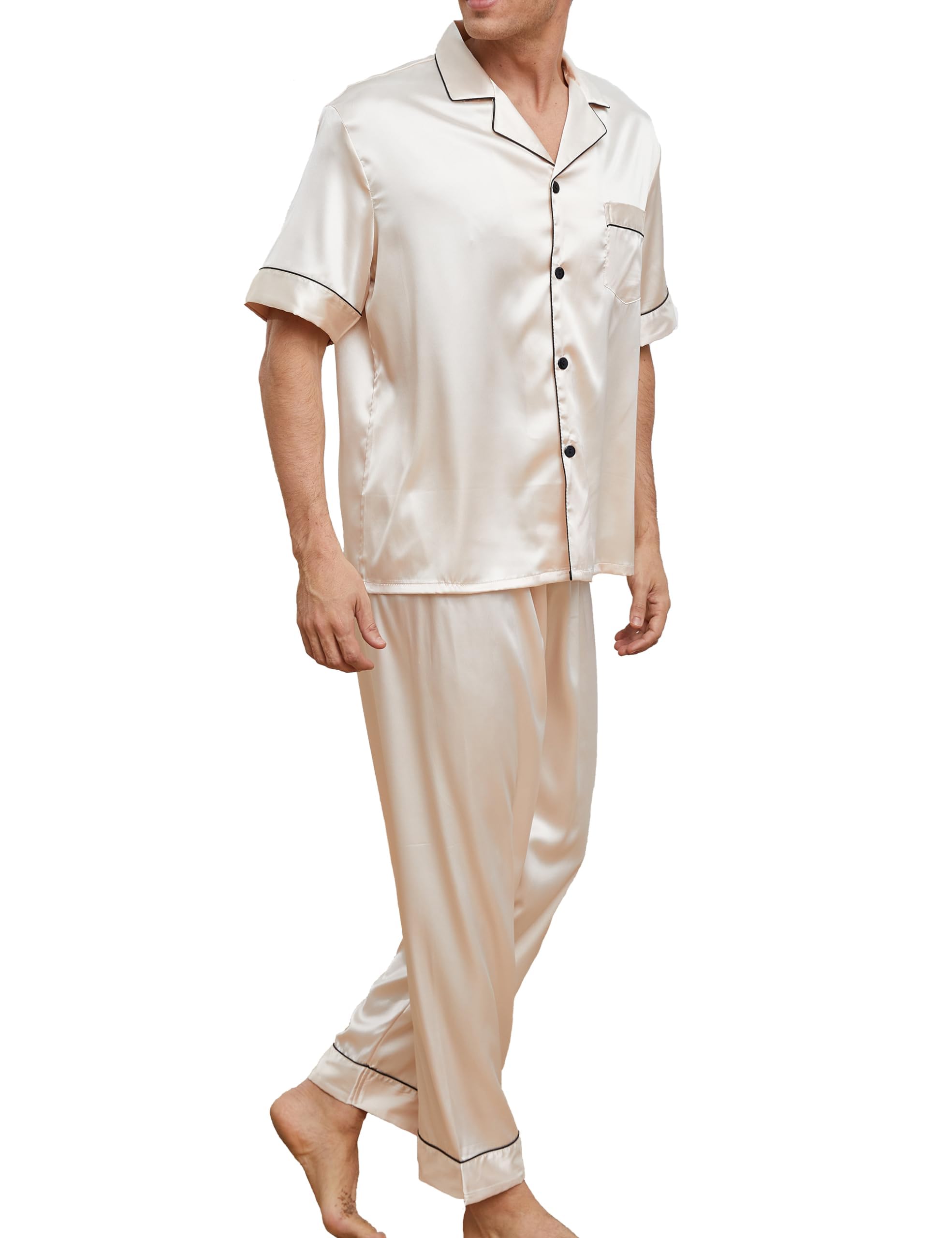 GAESHOW Mens Silk Pajama Set, Short Sleeve Silk Satin Pajamas for Men Soft Mens Loungewear Sets 2 Piece Button Down Pjs Set