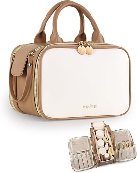 Prite Toiletry Bag Makeup Bag Large Capacity Side Openings Travel Waterproof Portable Cosmetic Bag with Handle and Multi Compartments