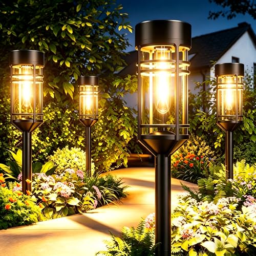 Amzarp 6 Pack Solar Garden Lights, Bright LED Solar Pathway Lights Outdoor IP65 Waterproof Rugged Shatterproof Auto On/Off for Landscape Garden Yard Walkway Driveway Lawn Lighting (3000K Warm White)