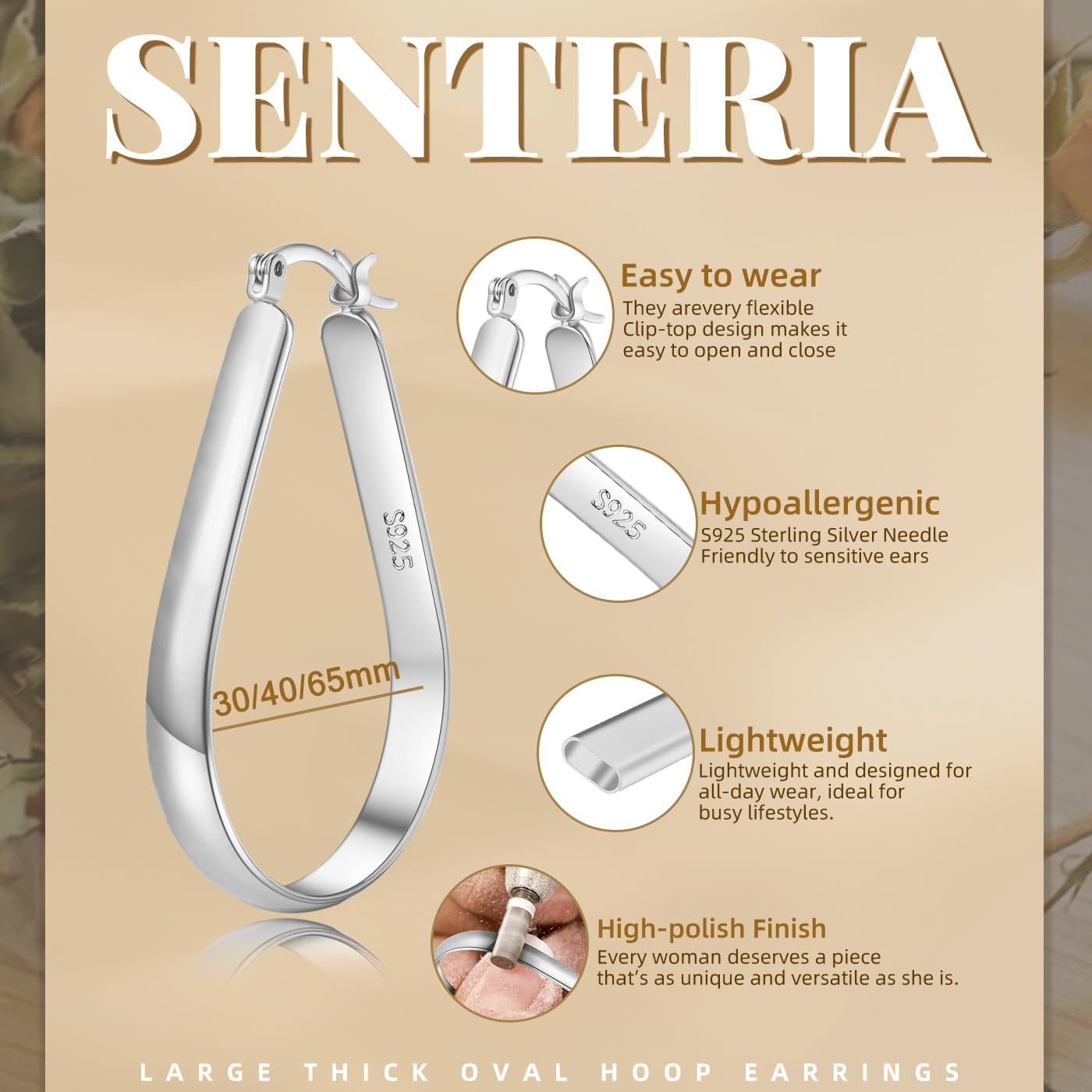 Senteria 5MM Wide Sterling Silver Hoop Earrings For Women Hypoallergenic Thick Silver Hoop Earrings Lightweight Oval Big Hoops Earring for Women 30/40/65MM - Image 4