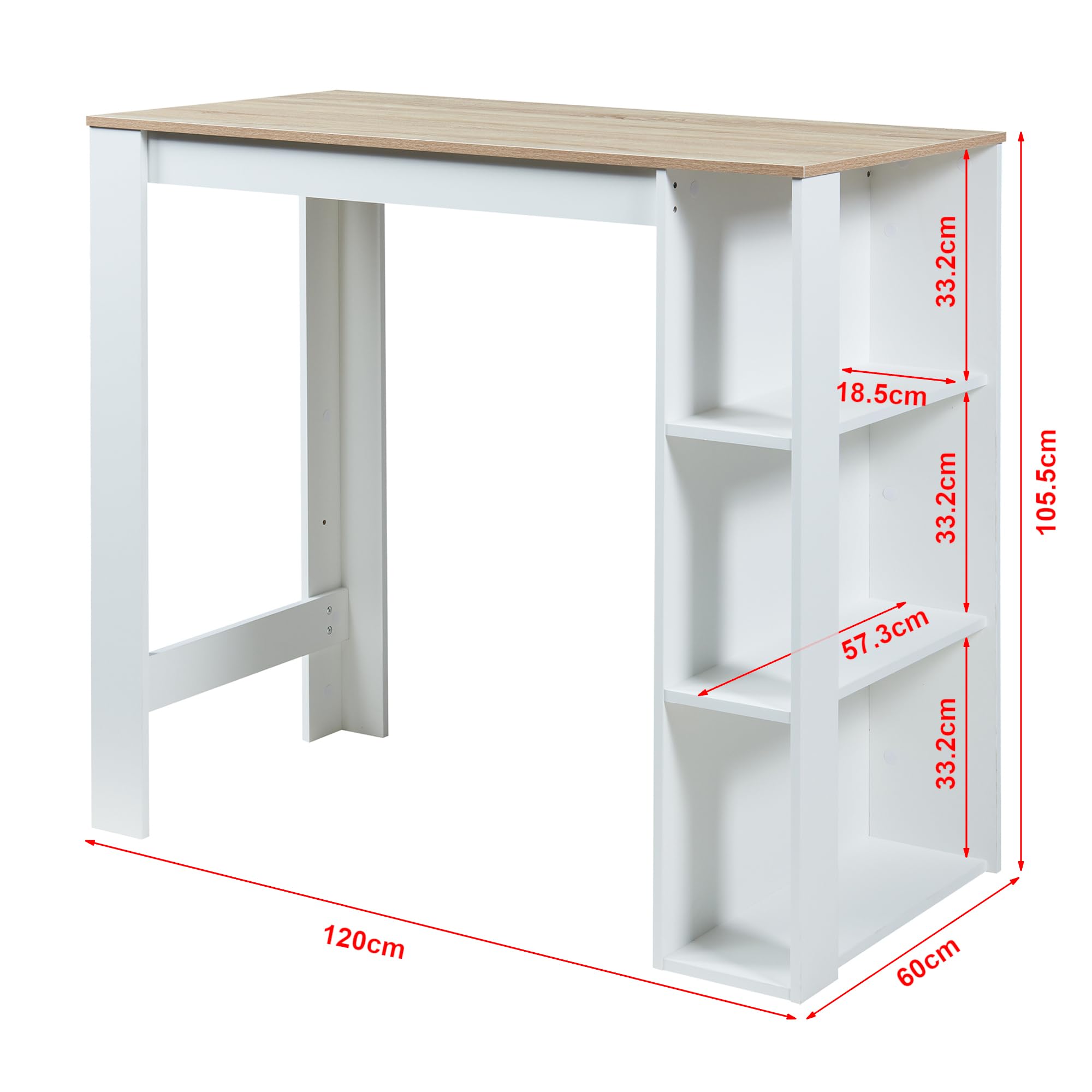 [en.casa] Bartisch Danderyd Bistrotisch Esstisch 120 x 60 x 106 cm Küchentheke mit 3 Ablagefächern Stehtisch Bartheke für Esszimmer Wohnzimmer Küche Weiß/Eicheoptik