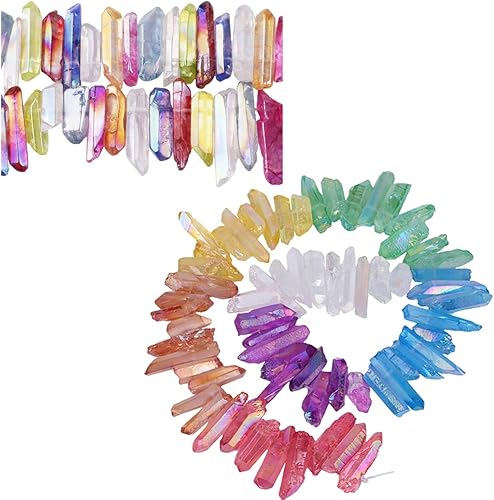 Miniatura 1 de TUMBEELLUWA - 2 puntas de cristal de cuarzo con revestimiento de titanio, cuentas sueltas perforadas en la parte superior de piedras de cuarzo