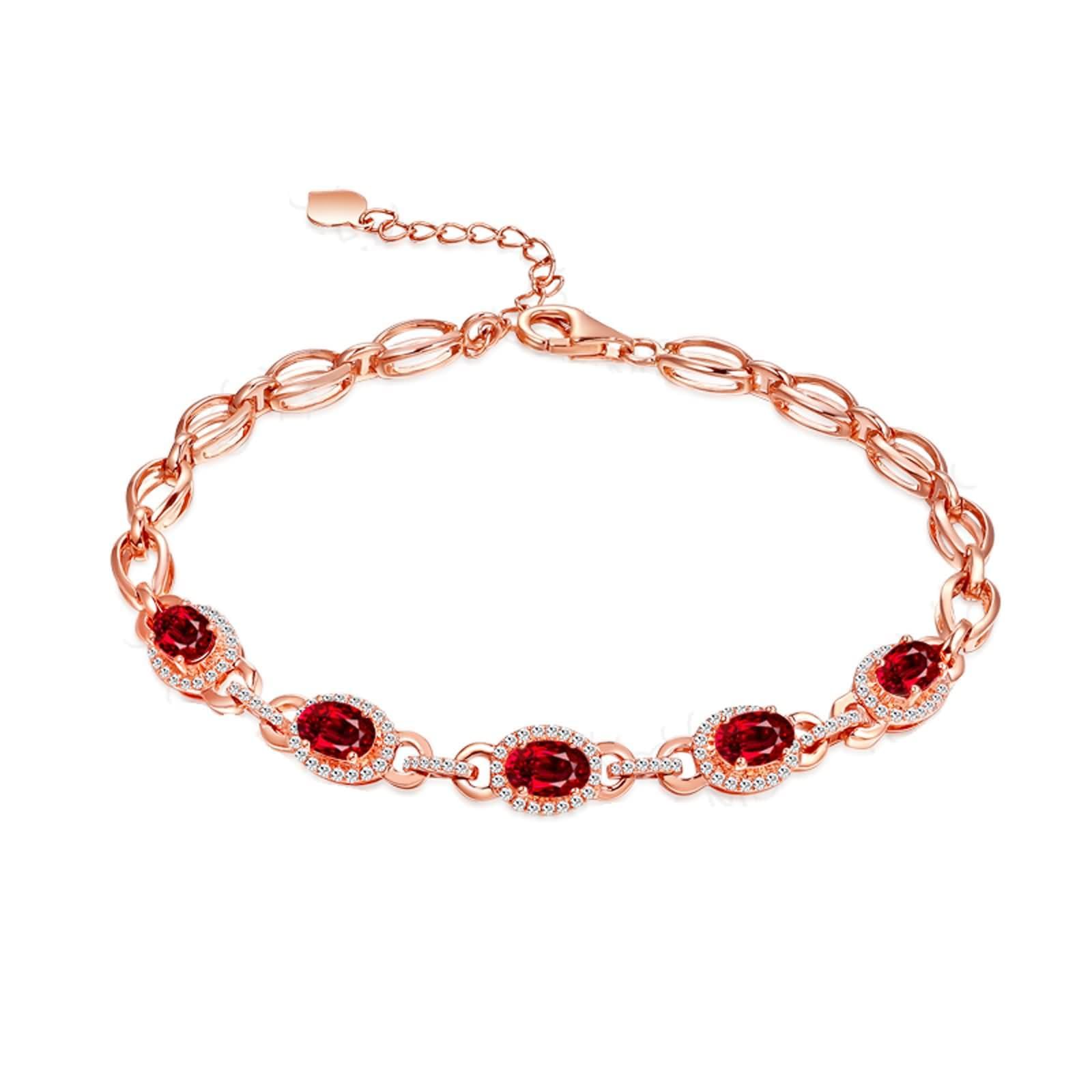 Pulseras Mujer Oro Rosa 9Kt / 14Kt / 18Kt, Oval con Rubí y Diamante, Cadena Extensible 16 CM + 5 CM, Pulseras Ajustable Mujer de Oro Rosa