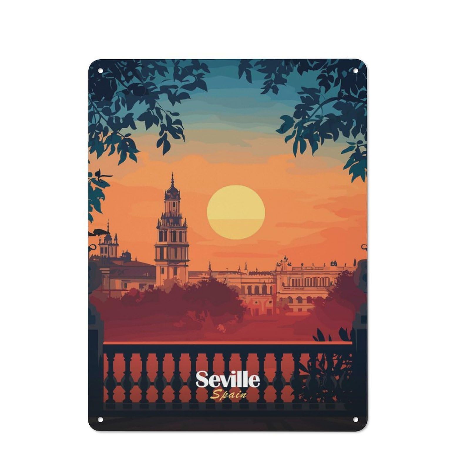 Junmoney Style-3 Vintage Tin Sign With Seville Sunset Cityscape Design 40X30cm, Vintage Cafe Wall Decor For Coffee Bar, Kitchen, Bistro Or Tea Corner